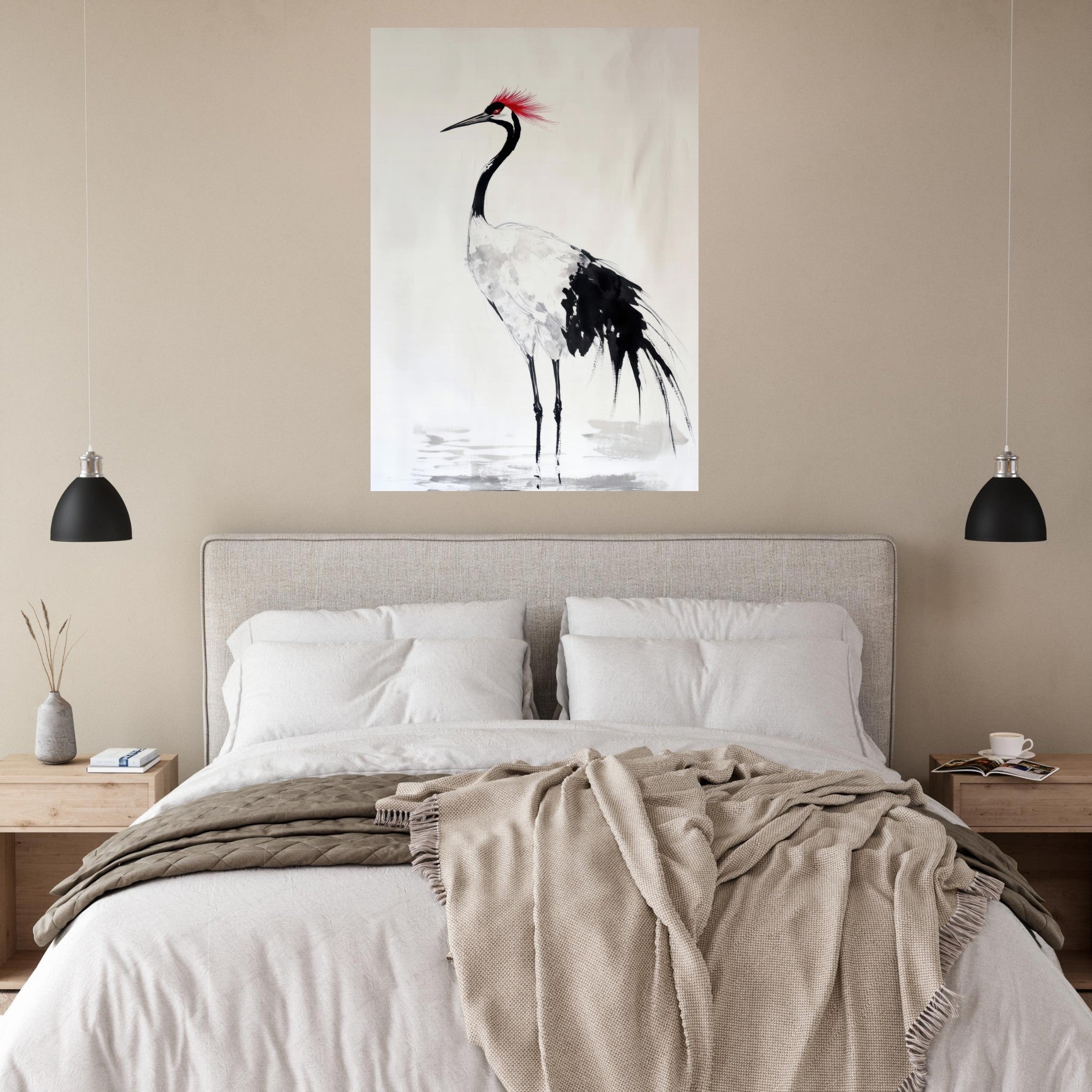 Fine Art Poster Portrait - Japanese Ink Wash Painting of a Crane A graceful - Shop Ai Art WebShop - Digital Art online Store