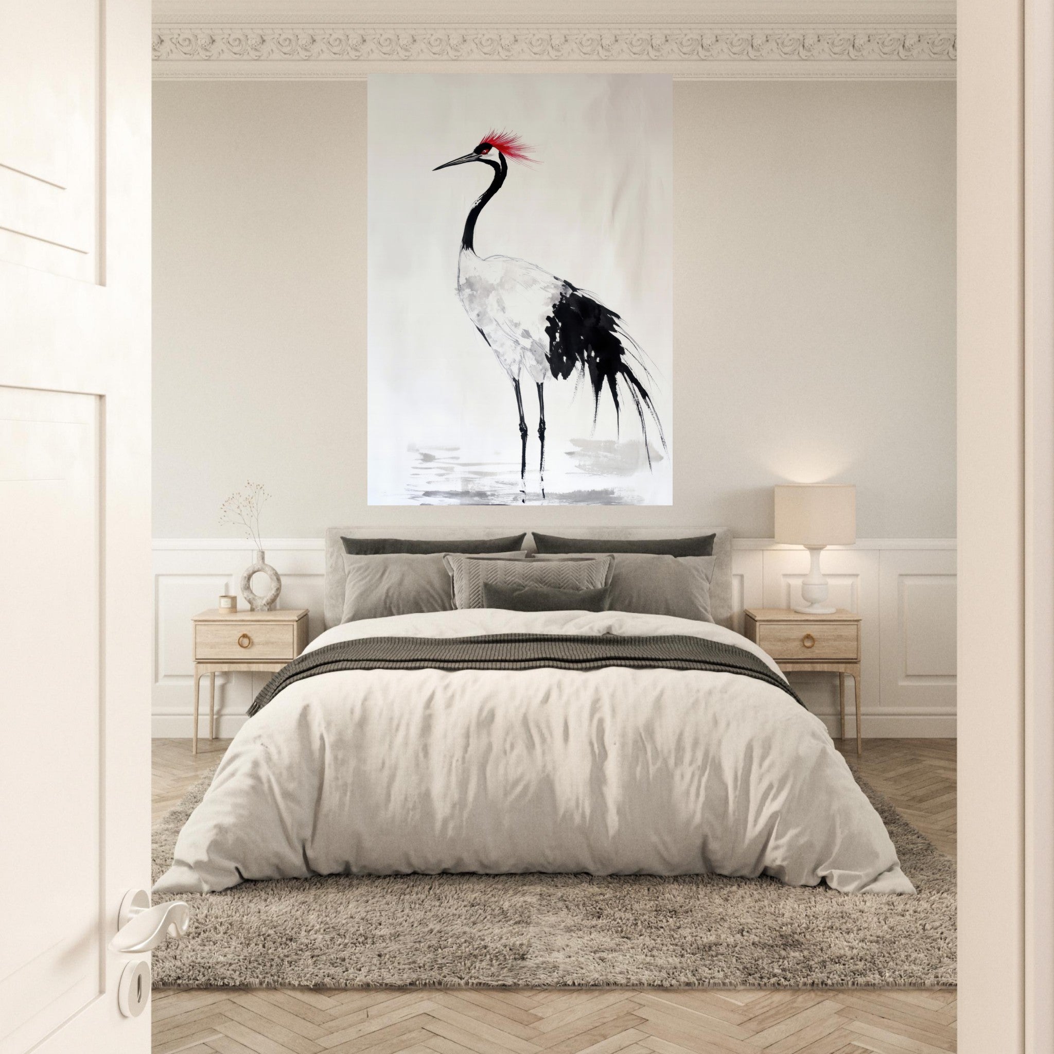 Fine Art Poster Portrait - Japanese Ink Wash Painting of a Crane A graceful - Shop Ai Art WebShop - Digital Art online Store