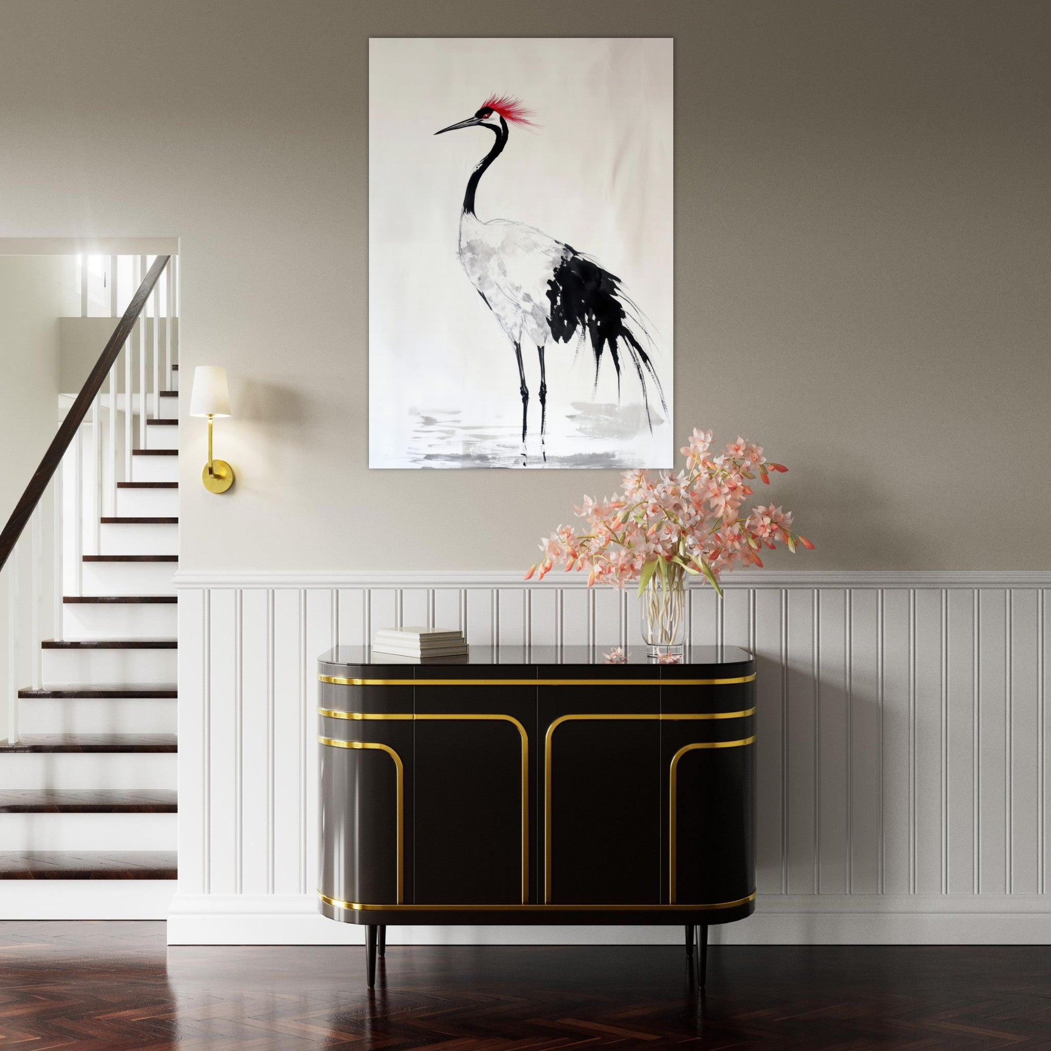 Fine Art Poster Portrait - Japanese Ink Wash Painting of a Crane A graceful - Shop Ai Art WebShop - Digital Art online Store