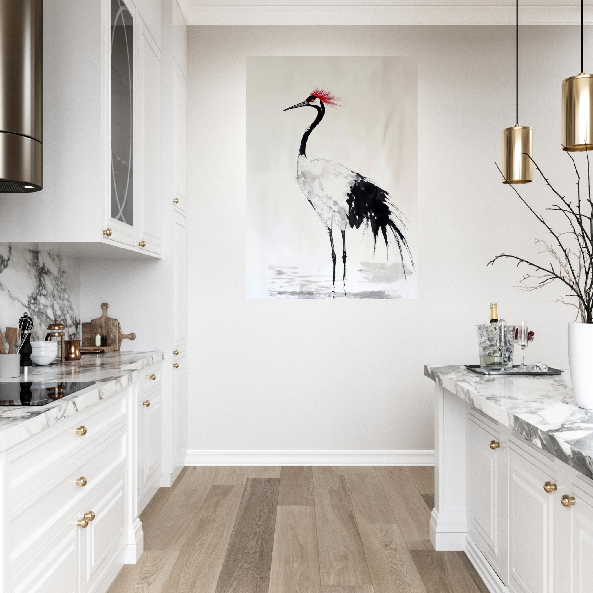 Fine Art Poster Portrait - Japanese Ink Wash Painting of a Crane A graceful - Shop Ai Art WebShop - Digital Art online Store