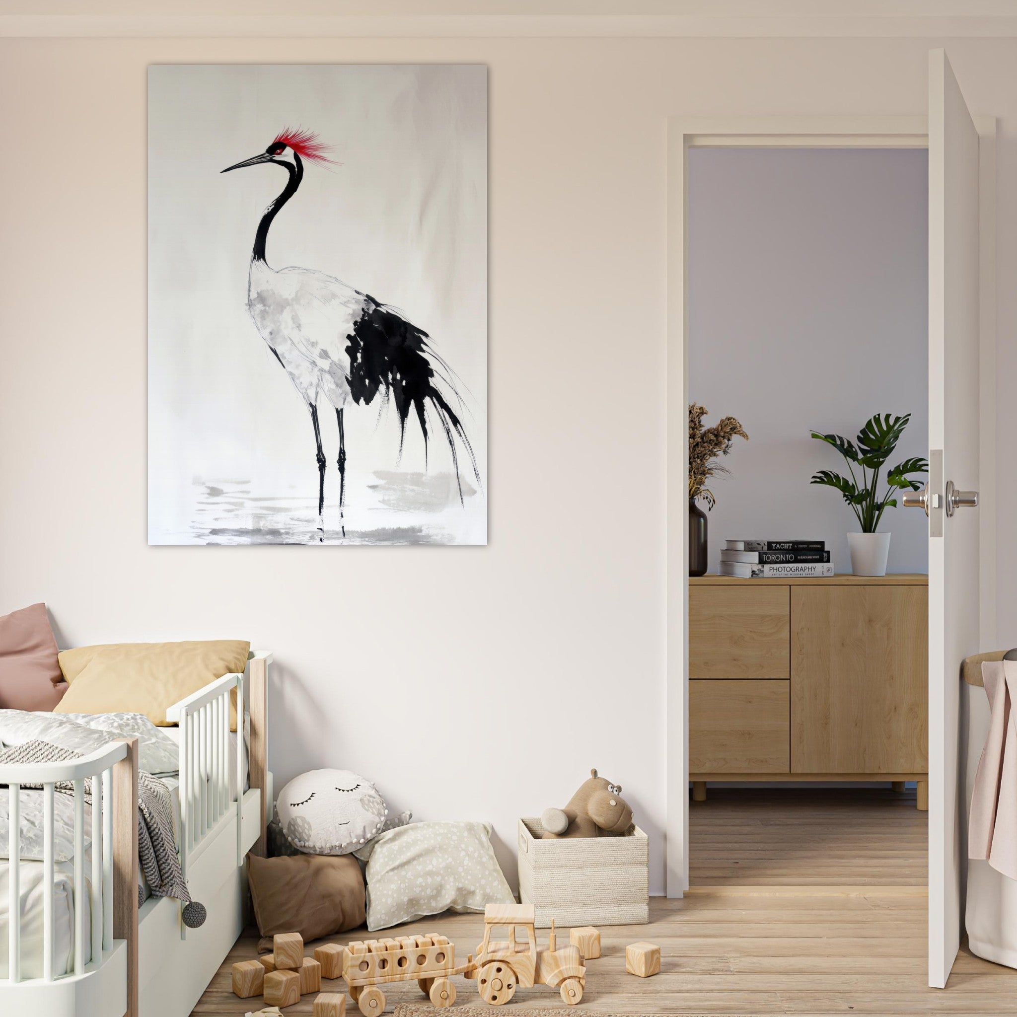 Fine Art Poster Portrait - Japanese Ink Wash Painting of a Crane A graceful - Shop Ai Art WebShop - Digital Art online Store