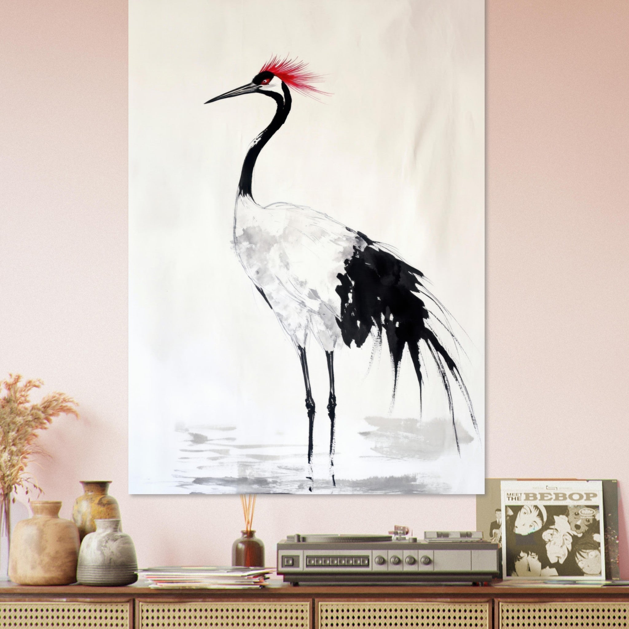 Fine Art Poster Portrait - Japanese Ink Wash Painting of a Crane A graceful - Shop Ai Art WebShop - Digital Art online Store