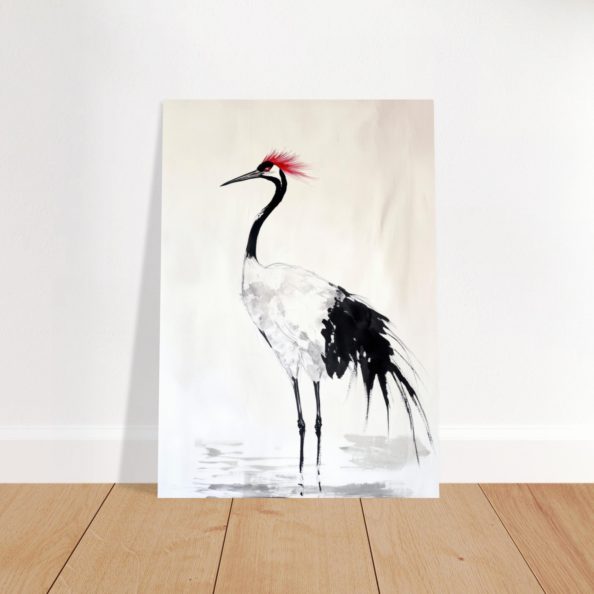 Fine Art Poster Portrait - Japanese Ink Wash Painting of a Crane A graceful - Shop Ai Art WebShop - Digital Art online Store