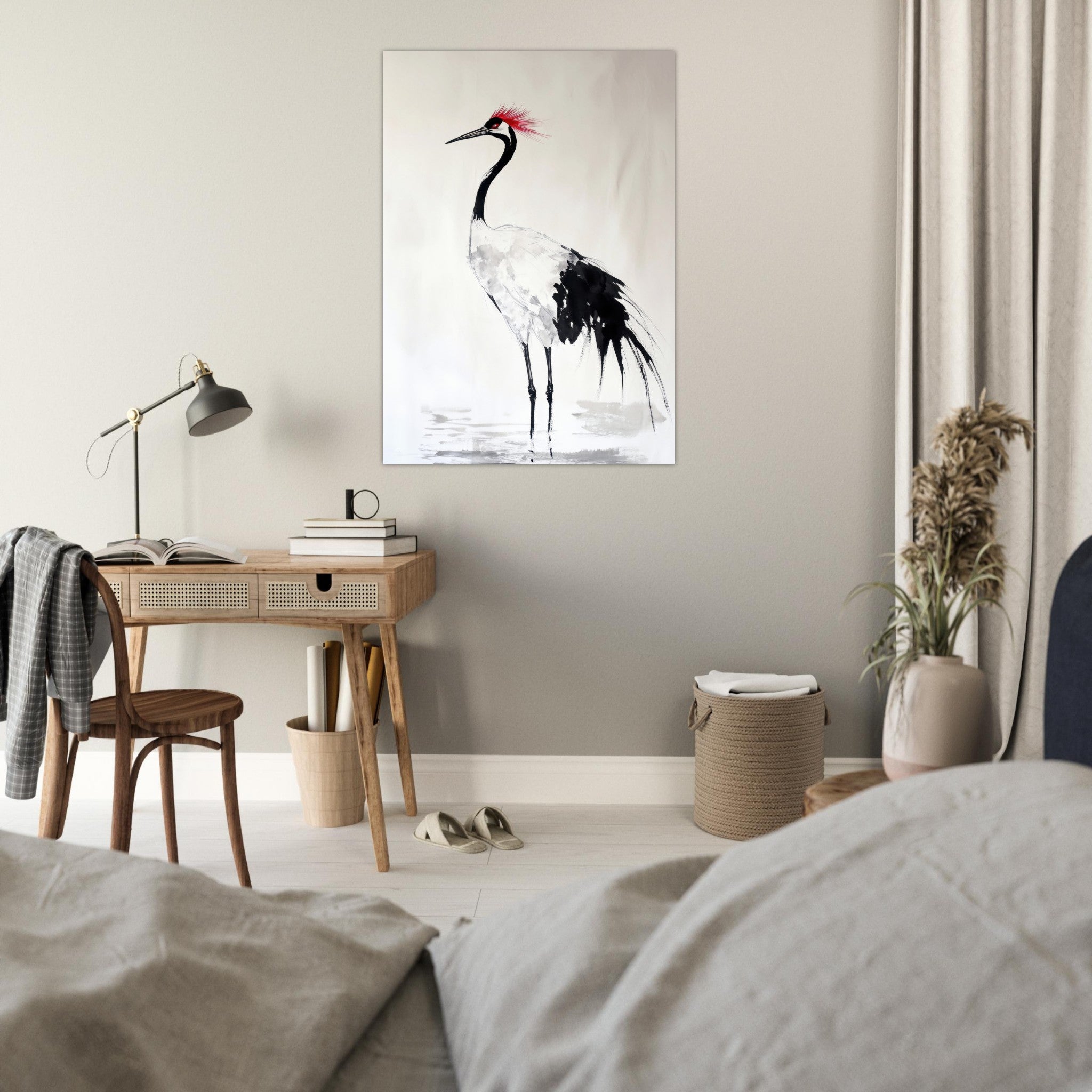 Fine Art Poster Portrait - Japanese Ink Wash Painting of a Crane A graceful - Shop Ai Art WebShop - Digital Art online Store