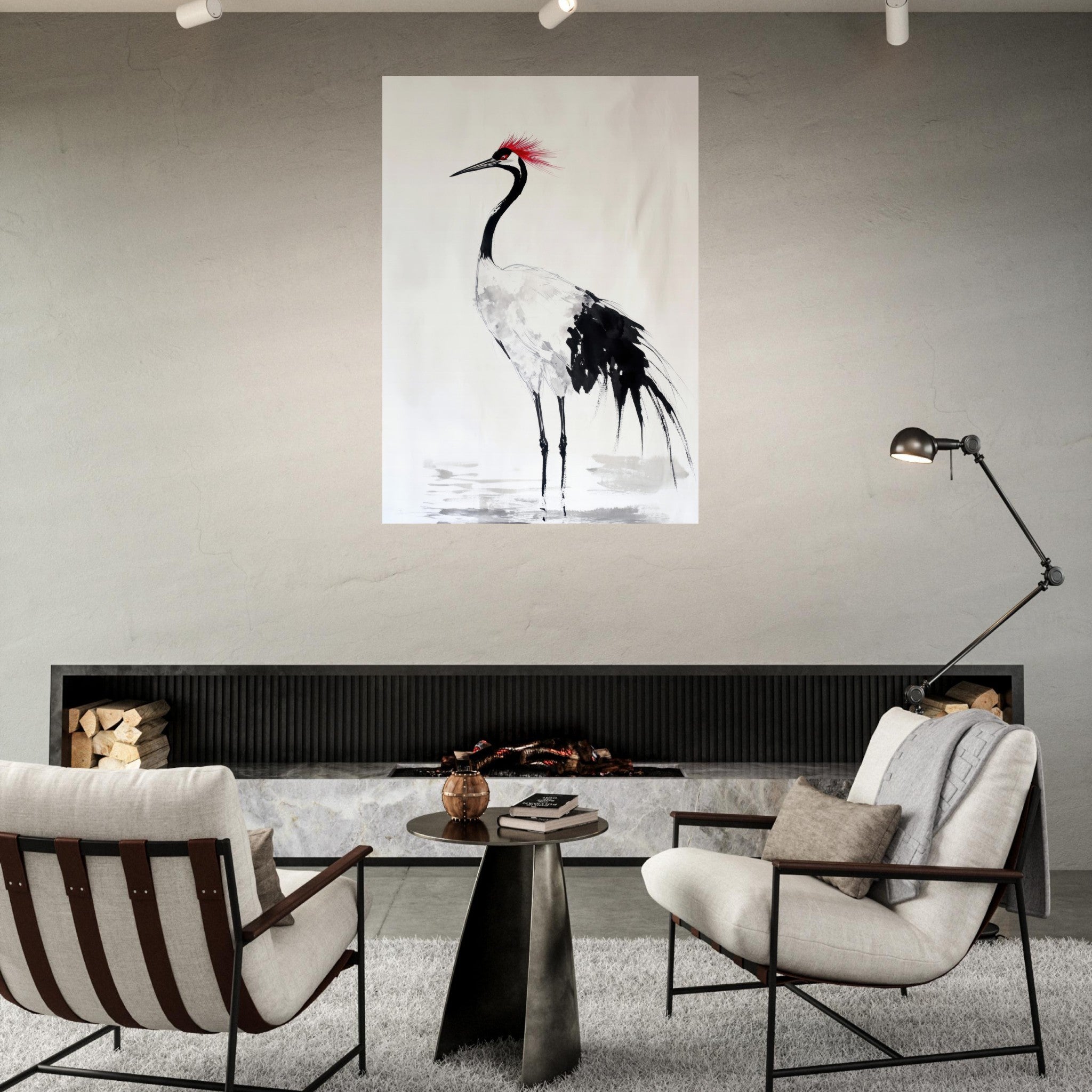 Fine Art Poster Portrait - Japanese Ink Wash Painting of a Crane A graceful - Shop Ai Art WebShop - Digital Art online Store