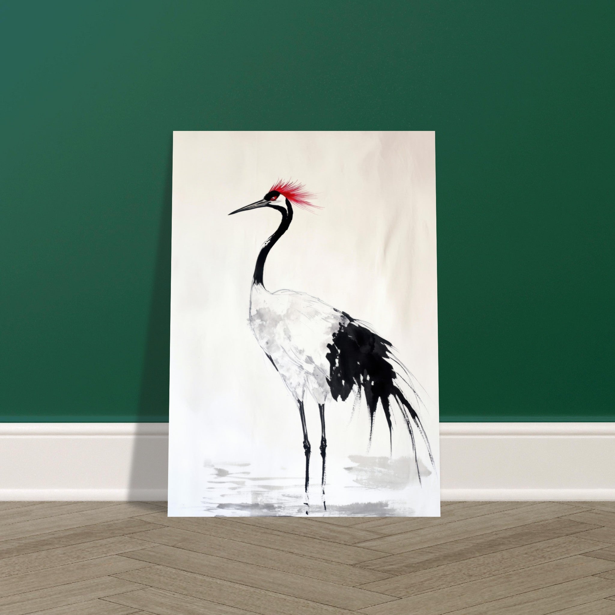 Fine Art Poster Portrait - Japanese Ink Wash Painting of a Crane A graceful - Shop Ai Art WebShop - Digital Art online Store