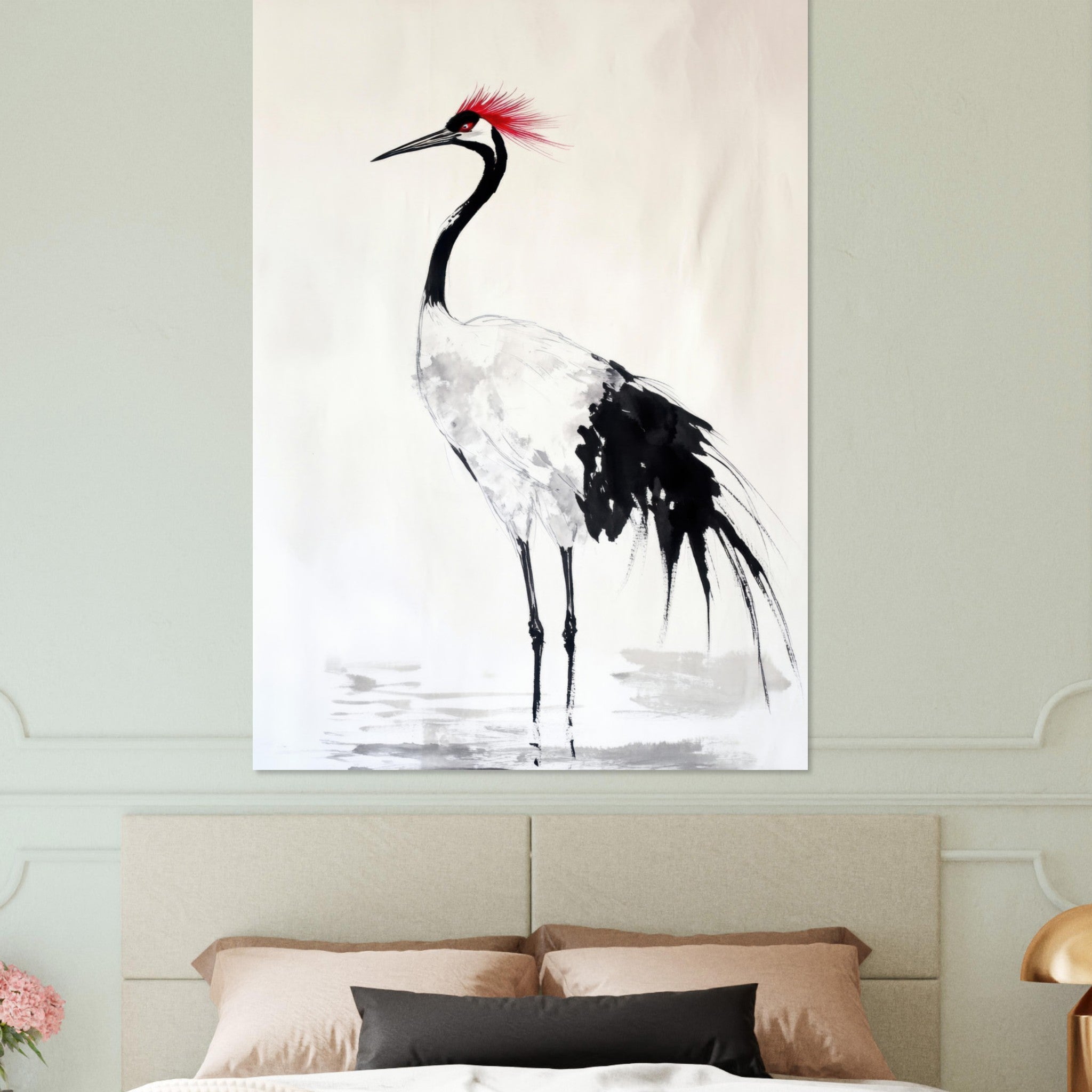 Fine Art Poster Portrait - Japanese Ink Wash Painting of a Crane A graceful - Shop Ai Art WebShop - Digital Art online Store