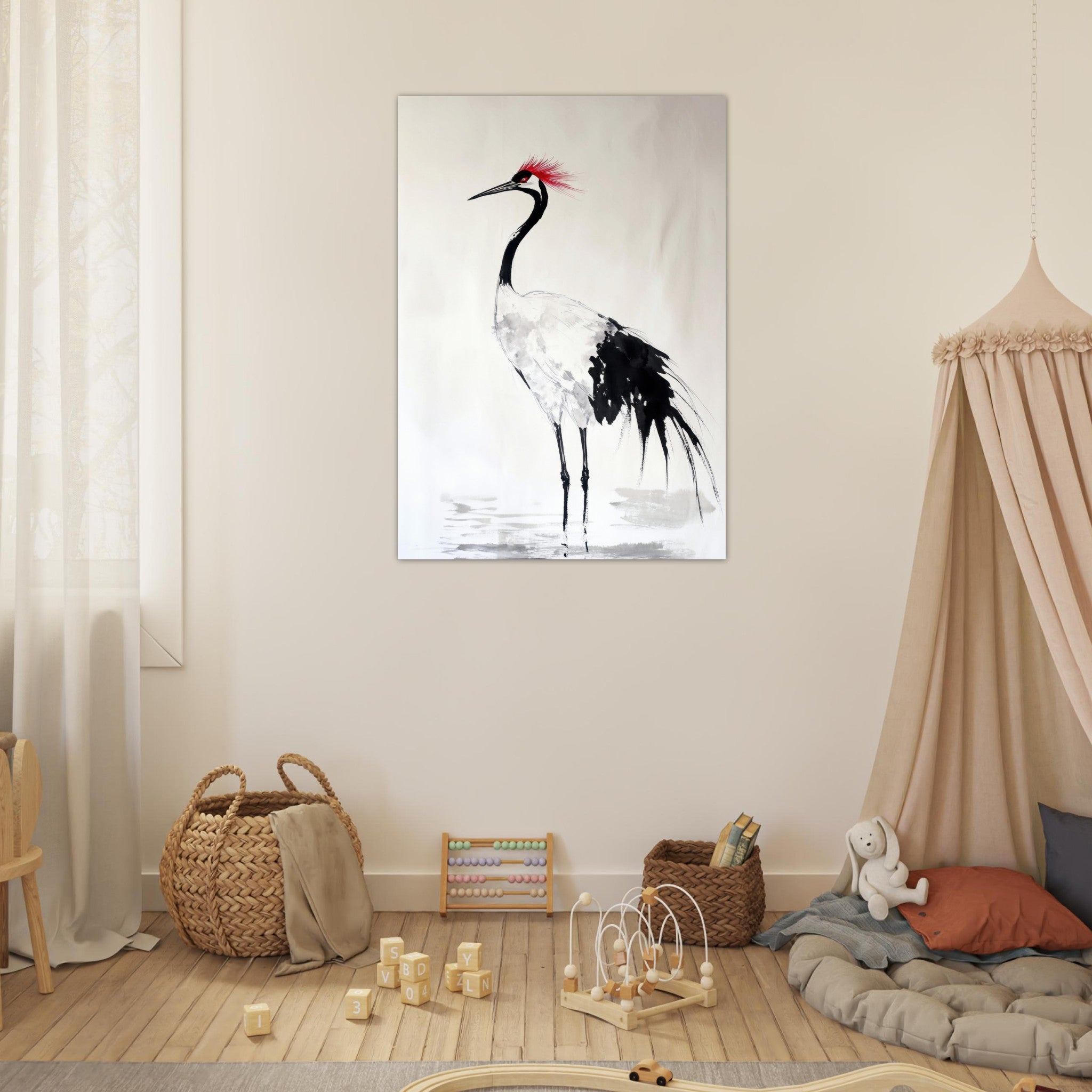 Fine Art Poster Portrait - Japanese Ink Wash Painting of a Crane A graceful - Shop Ai Art WebShop - Digital Art online Store