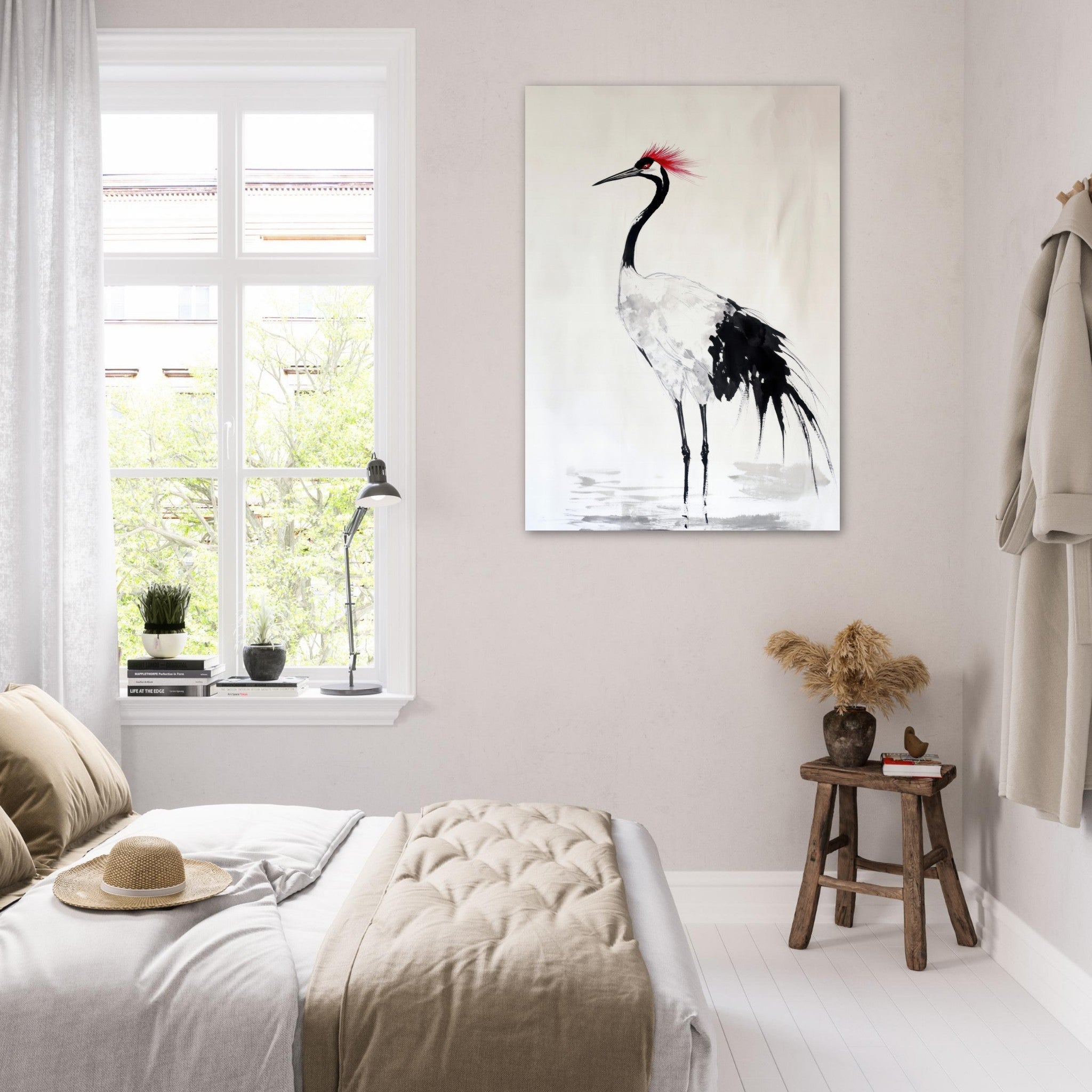 Fine Art Poster Portrait - Japanese Ink Wash Painting of a Crane A graceful - Shop Ai Art WebShop - Digital Art online Store