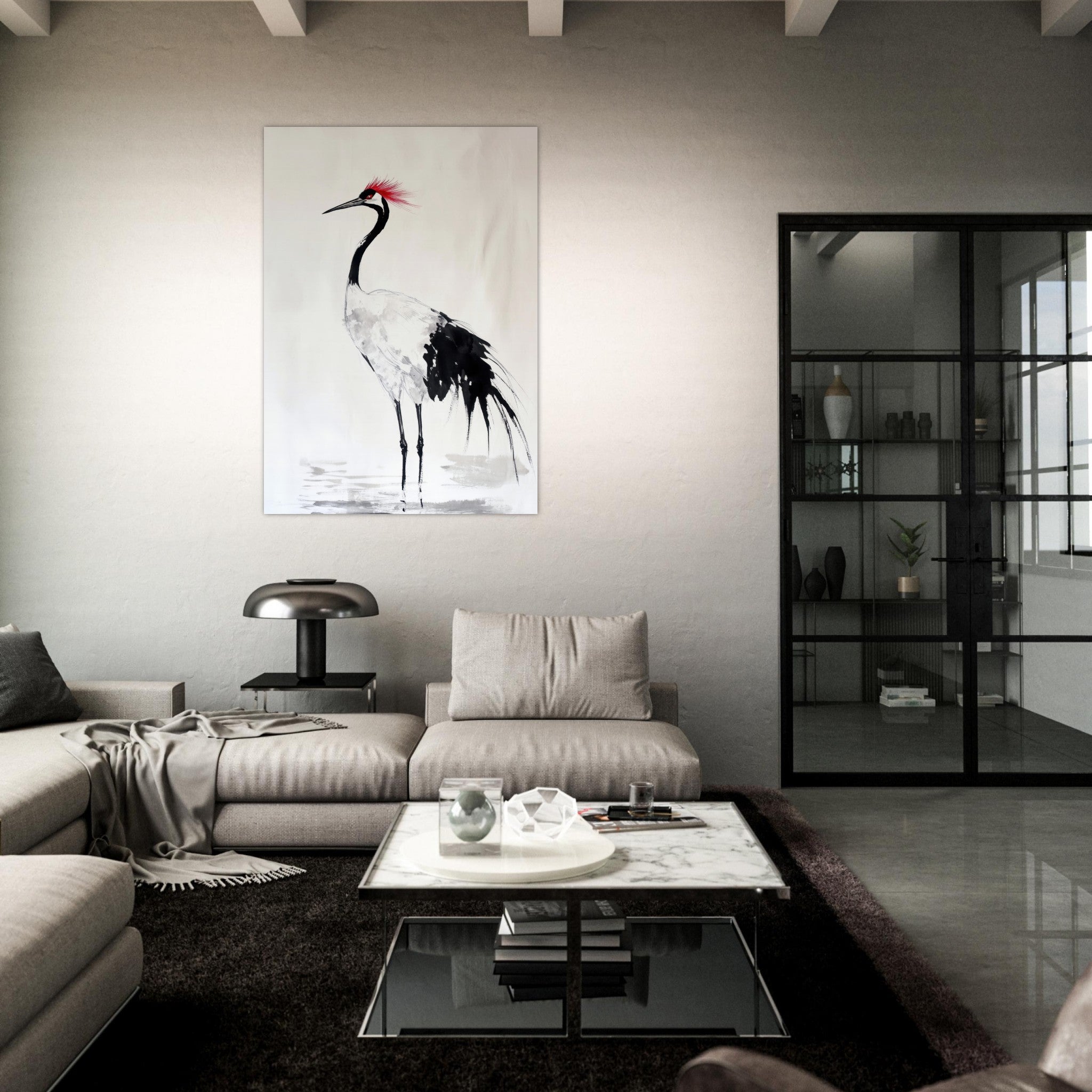 Fine Art Poster Portrait - Japanese Ink Wash Painting of a Crane A graceful - Shop Ai Art WebShop - Digital Art online Store
