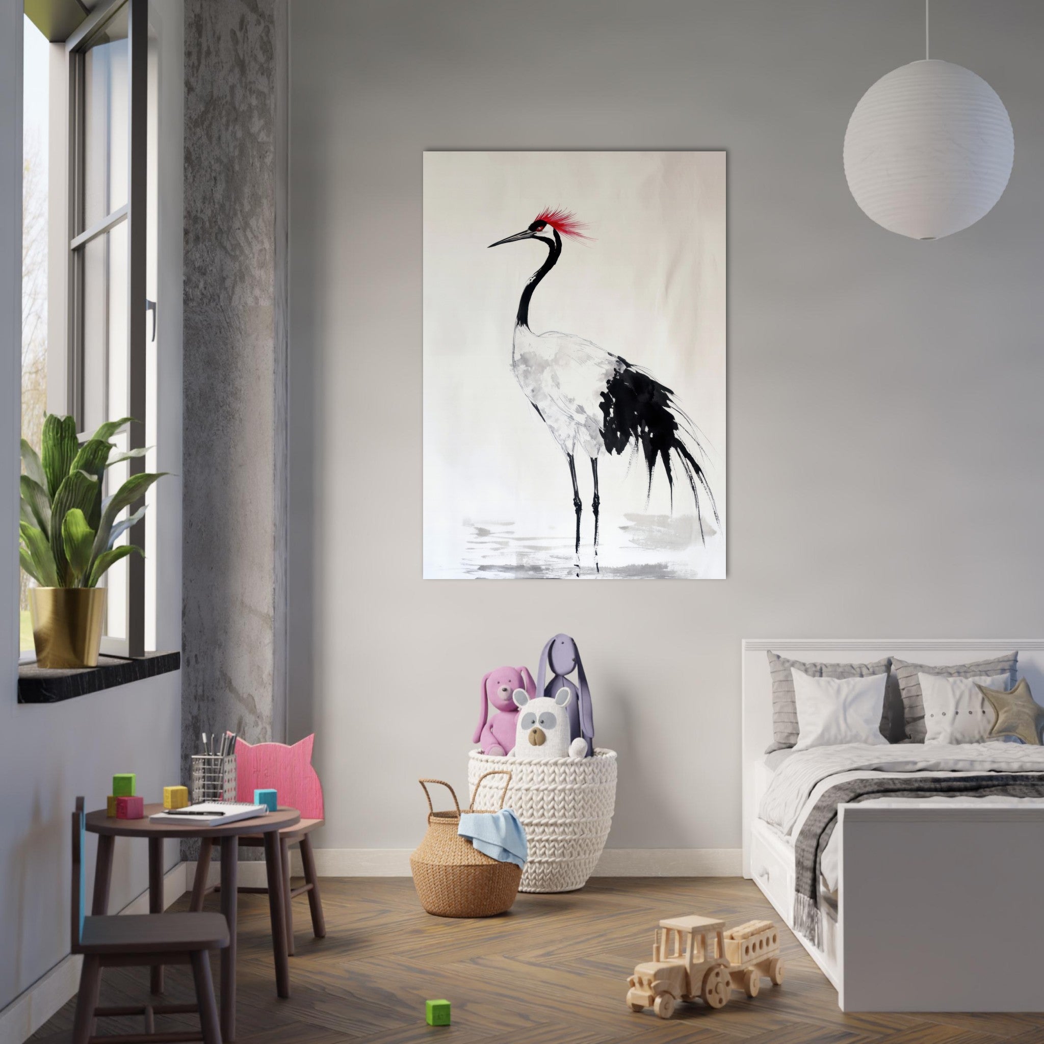 Fine Art Poster Portrait - Japanese Ink Wash Painting of a Crane A graceful - Shop Ai Art WebShop - Digital Art online Store