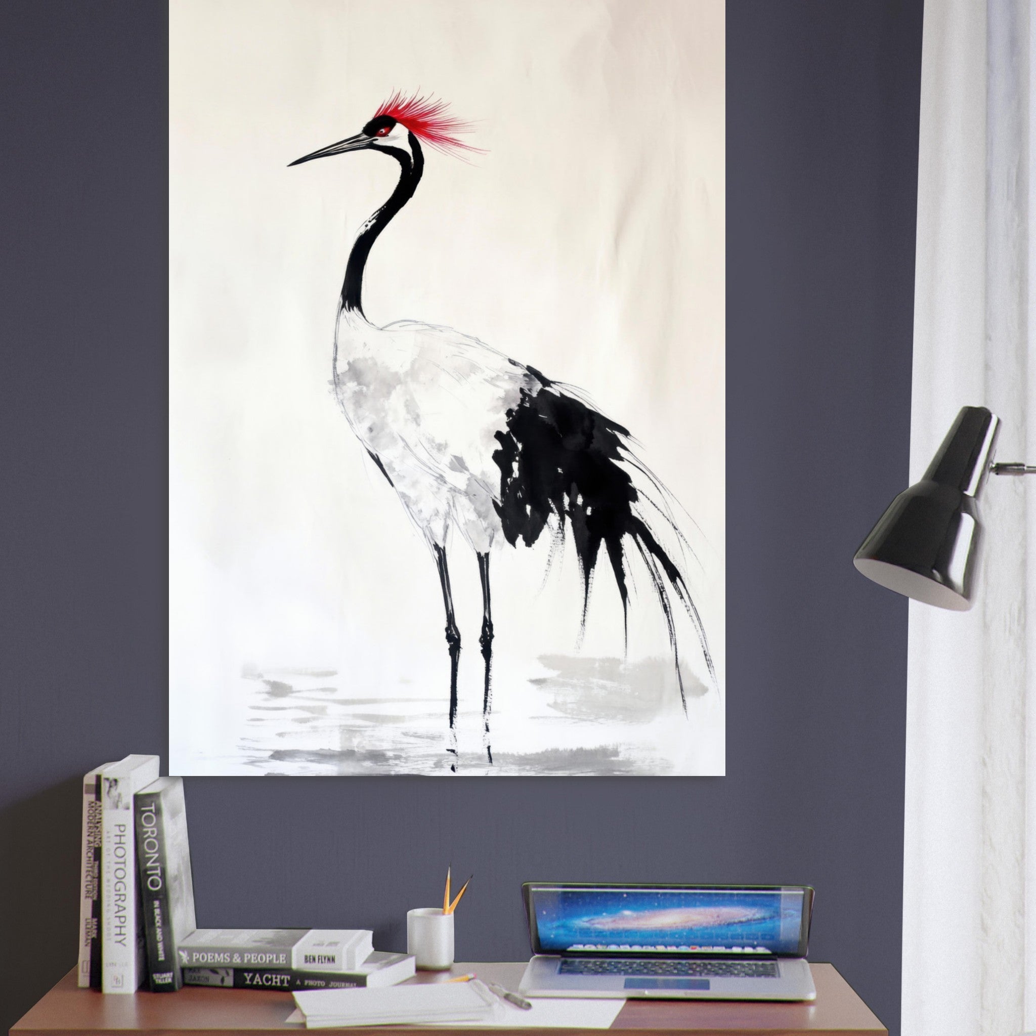 Fine Art Poster Portrait - Japanese Ink Wash Painting of a Crane A graceful - Shop Ai Art WebShop - Digital Art online Store