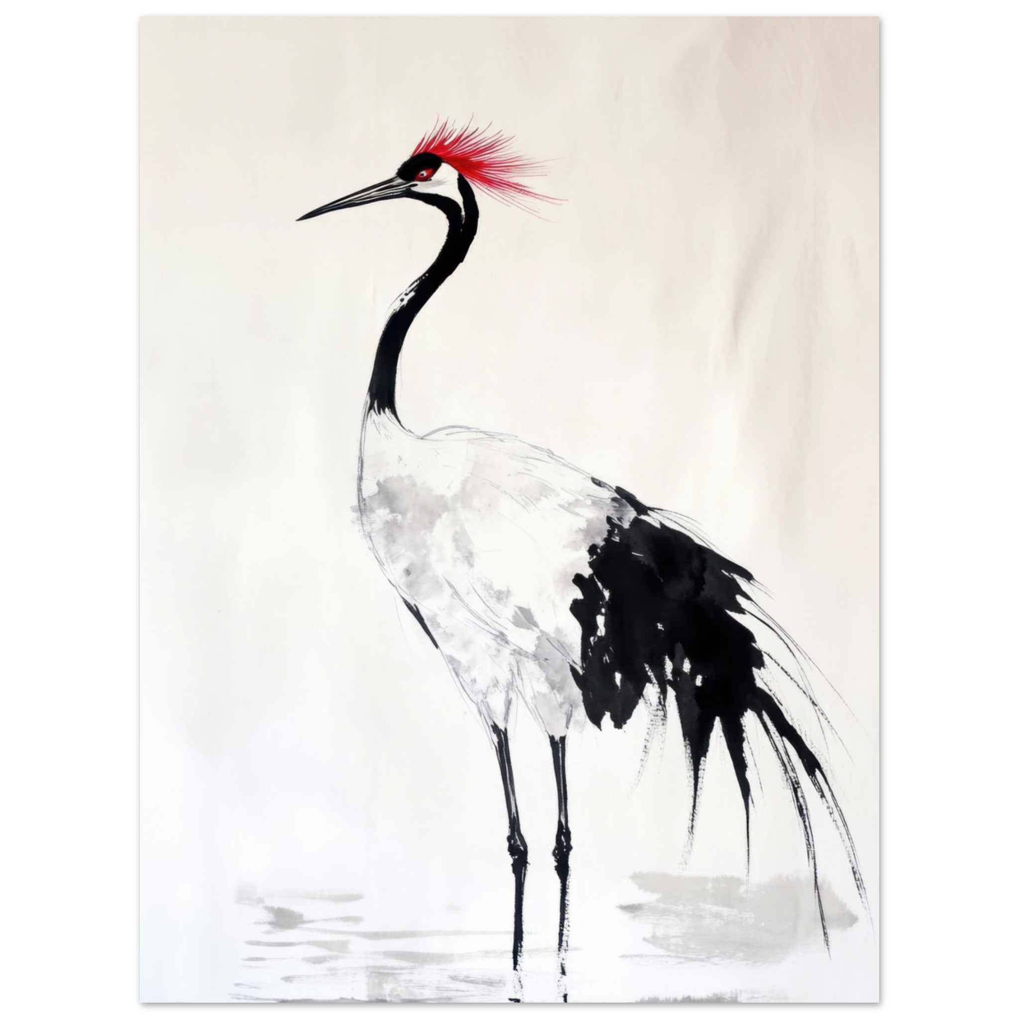 Fine Art Poster Portrait - Japanese Ink Wash Painting of a Crane A graceful - Shop Ai Art WebShop - Digital Art online Store