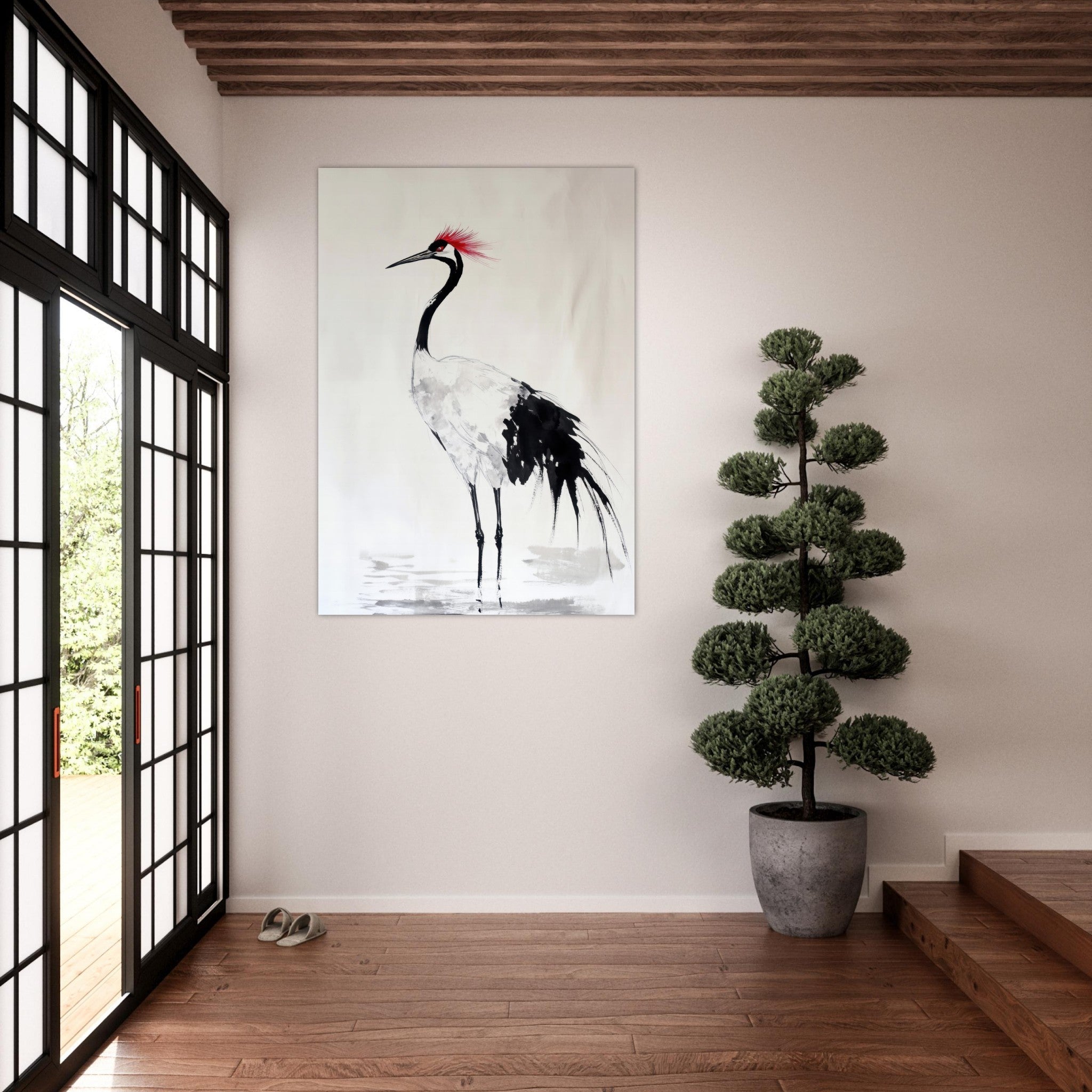 Fine Art Poster Portrait - Japanese Ink Wash Painting of a Crane A graceful - Shop Ai Art WebShop - Digital Art online Store