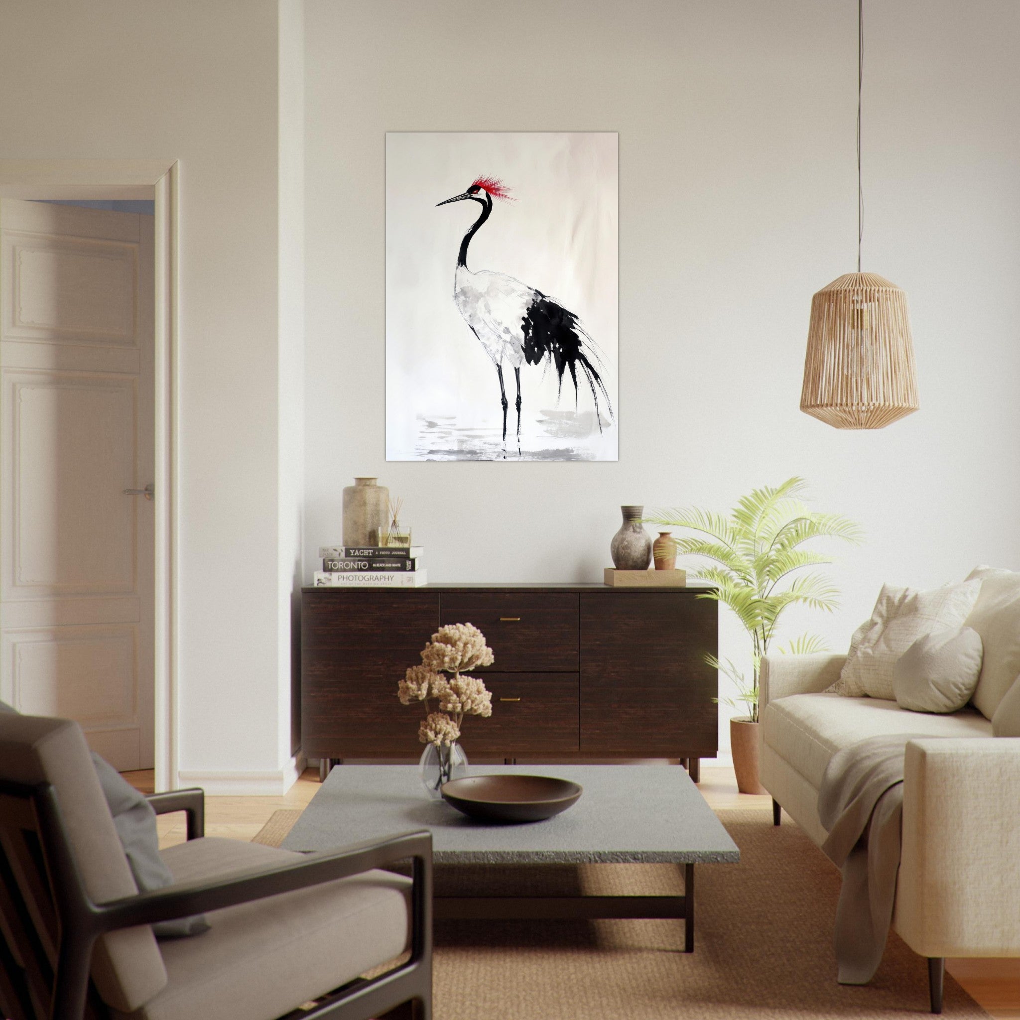 Fine Art Poster Portrait - Japanese Ink Wash Painting of a Crane A graceful - Shop Ai Art WebShop - Digital Art online Store