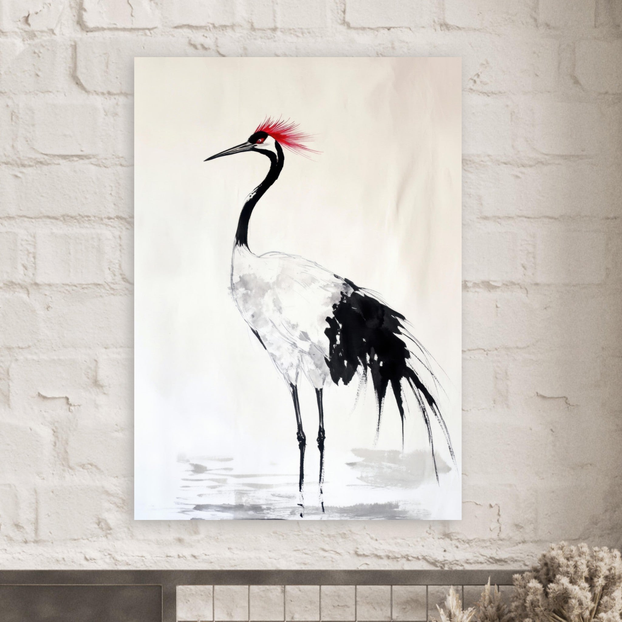 Fine Art Poster Portrait - Japanese Ink Wash Painting of a Crane A graceful - Shop Ai Art WebShop - Digital Art online Store