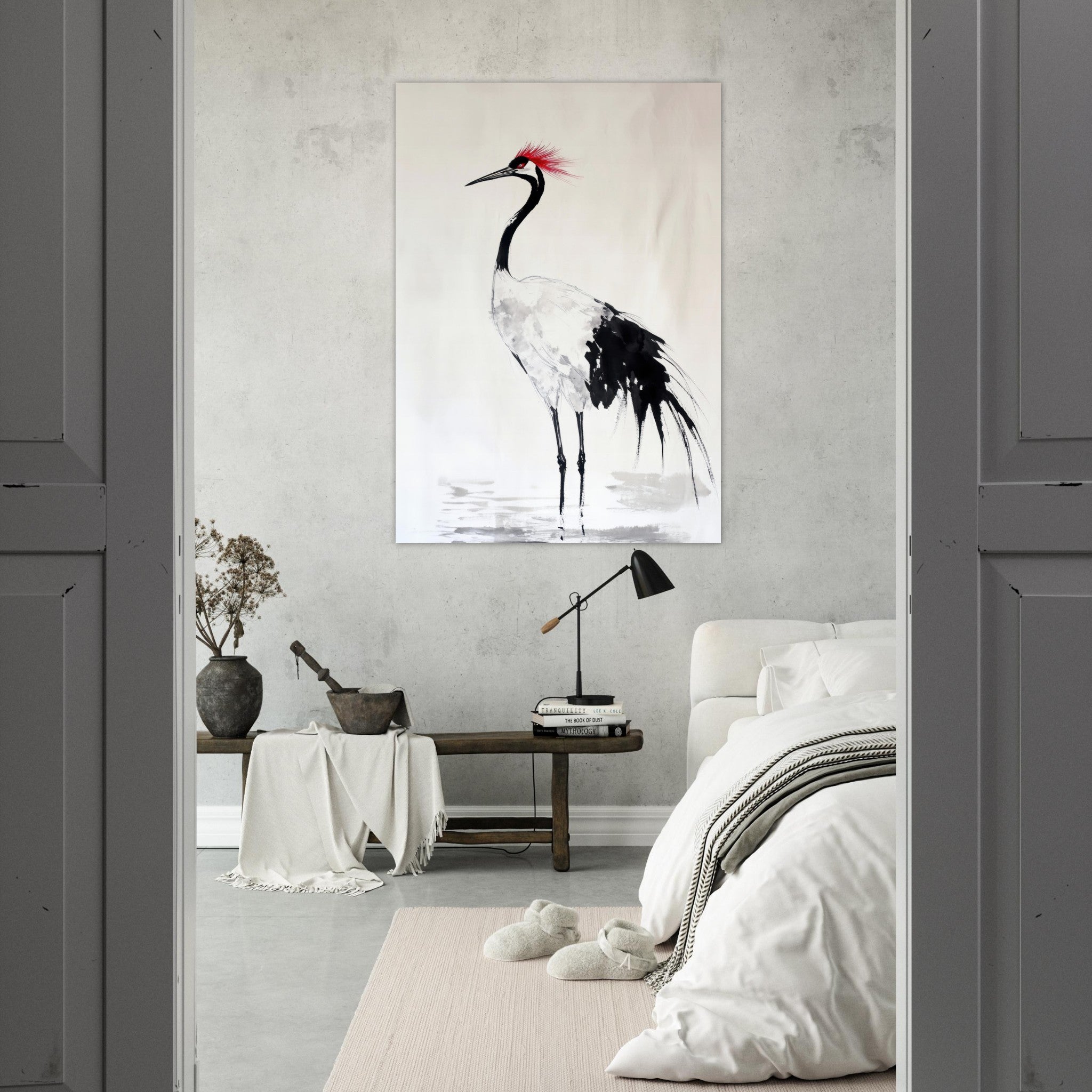 Fine Art Poster Portrait - Japanese Ink Wash Painting of a Crane A graceful - Shop Ai Art WebShop - Digital Art online Store
