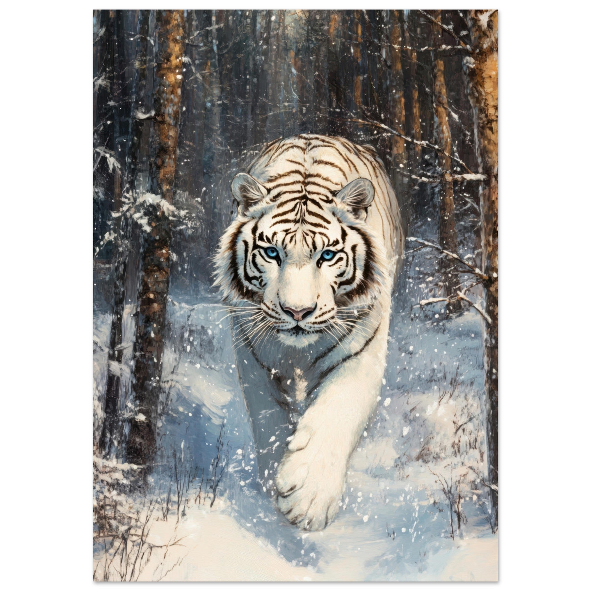 Fine Art Poster Portrait - Majestic White Tiger in a Snowy Forest A powerful 2 - Shop Ai Art WebShop - Digital Art online Store