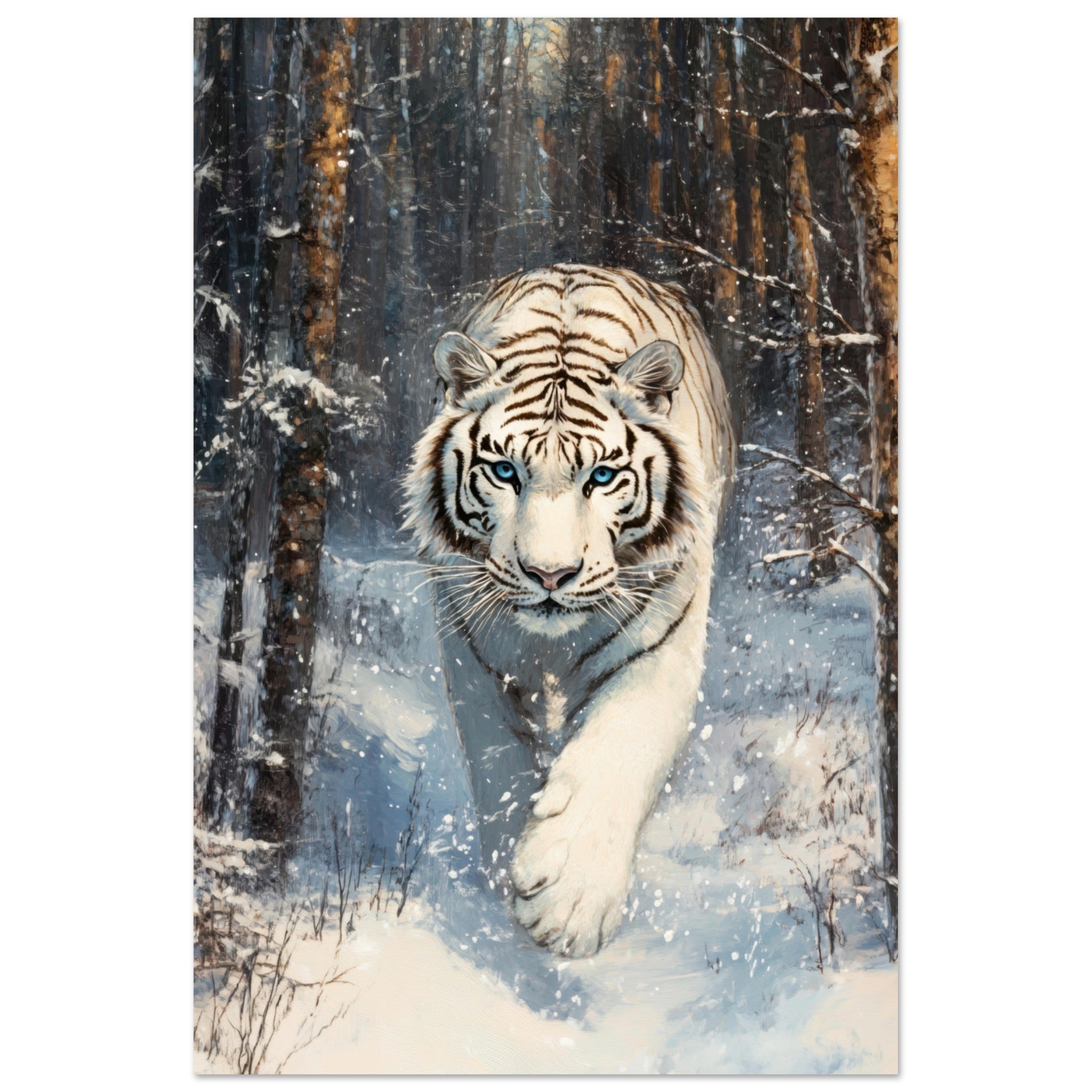 Fine Art Poster Portrait - Majestic White Tiger in a Snowy Forest A powerful 2 - Shop Ai Art WebShop - Digital Art online Store