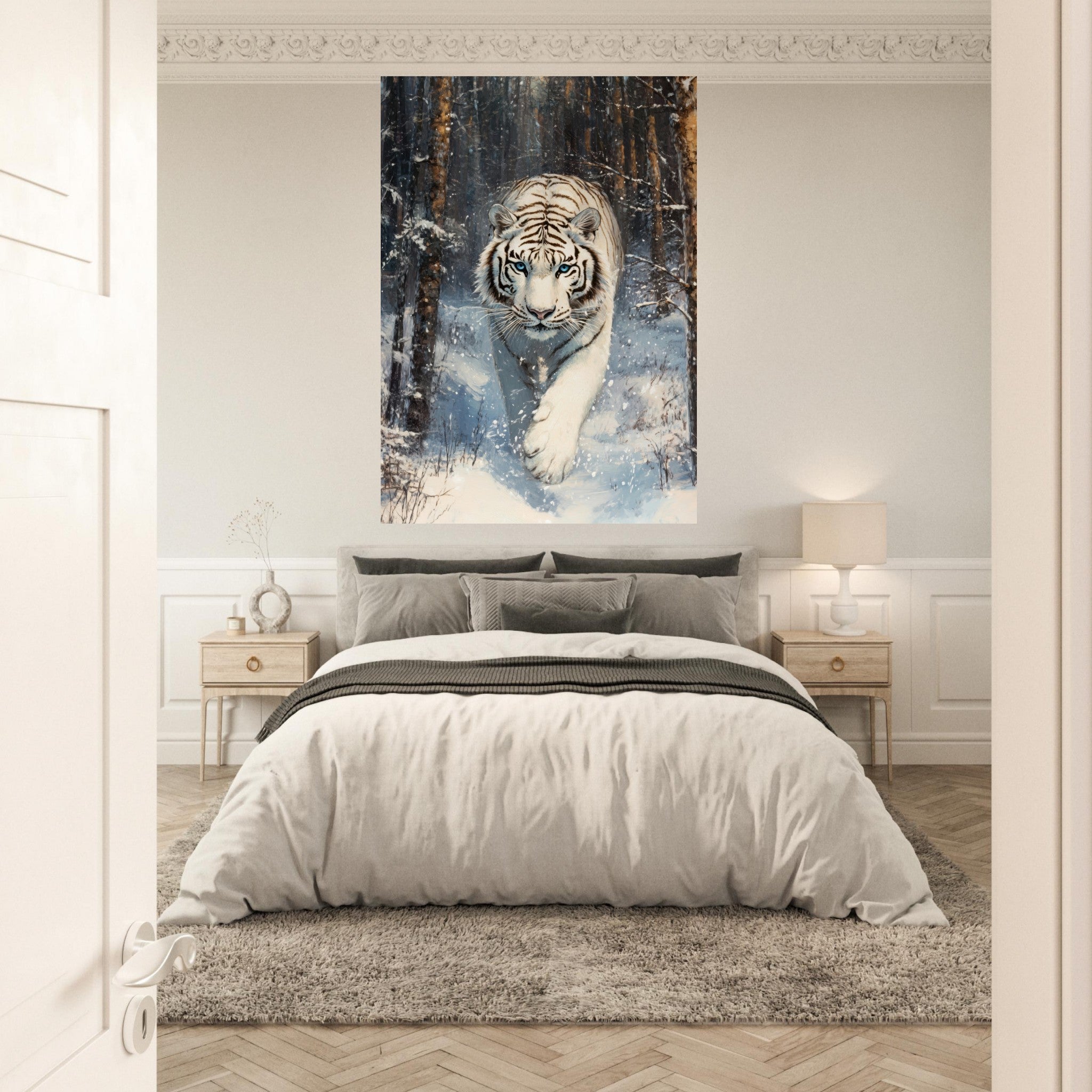 Fine Art Poster Portrait - Majestic White Tiger in a Snowy Forest A powerful 2 - Shop Ai Art WebShop - Digital Art online Store