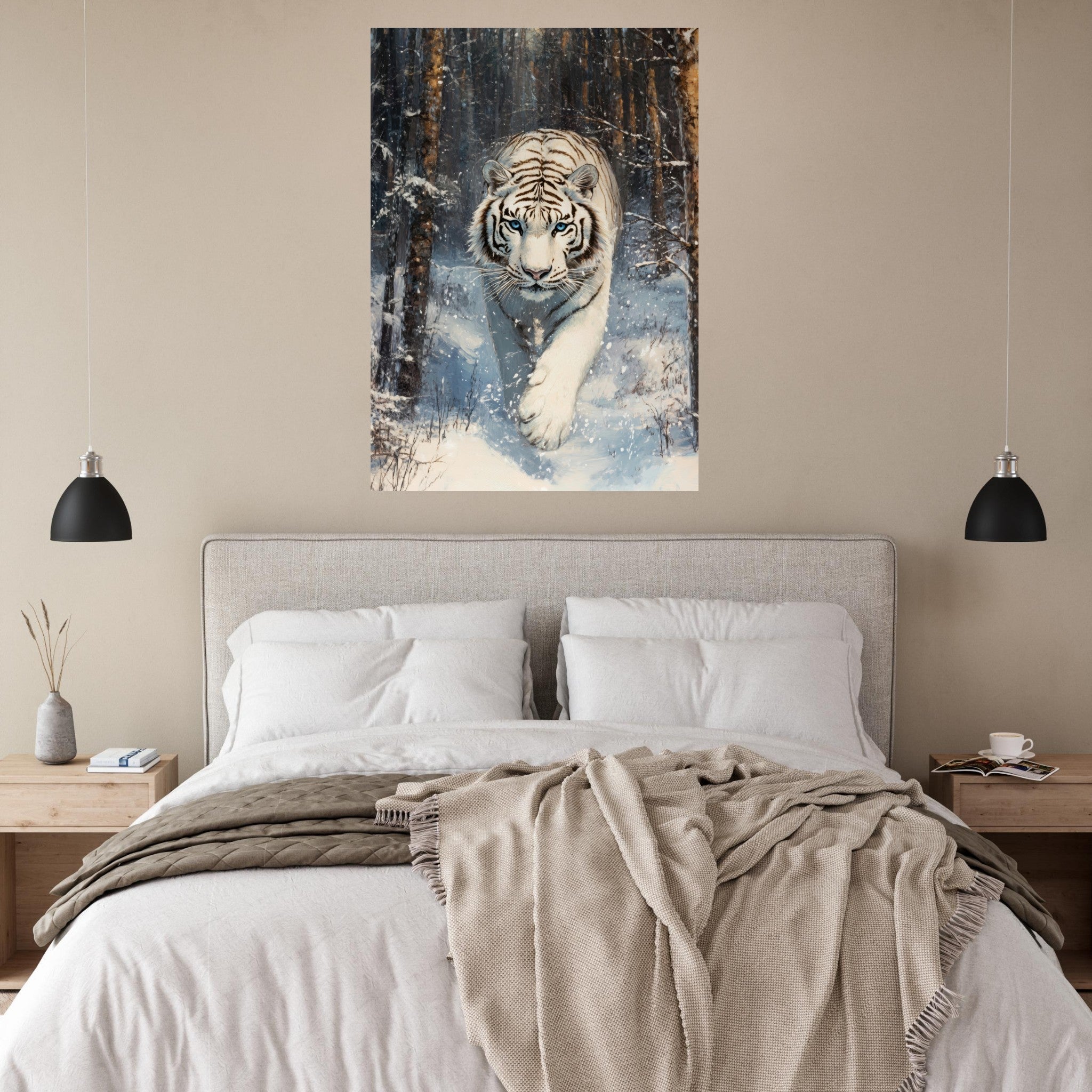 Fine Art Poster Portrait - Majestic White Tiger in a Snowy Forest A powerful 2 - Shop Ai Art WebShop - Digital Art online Store