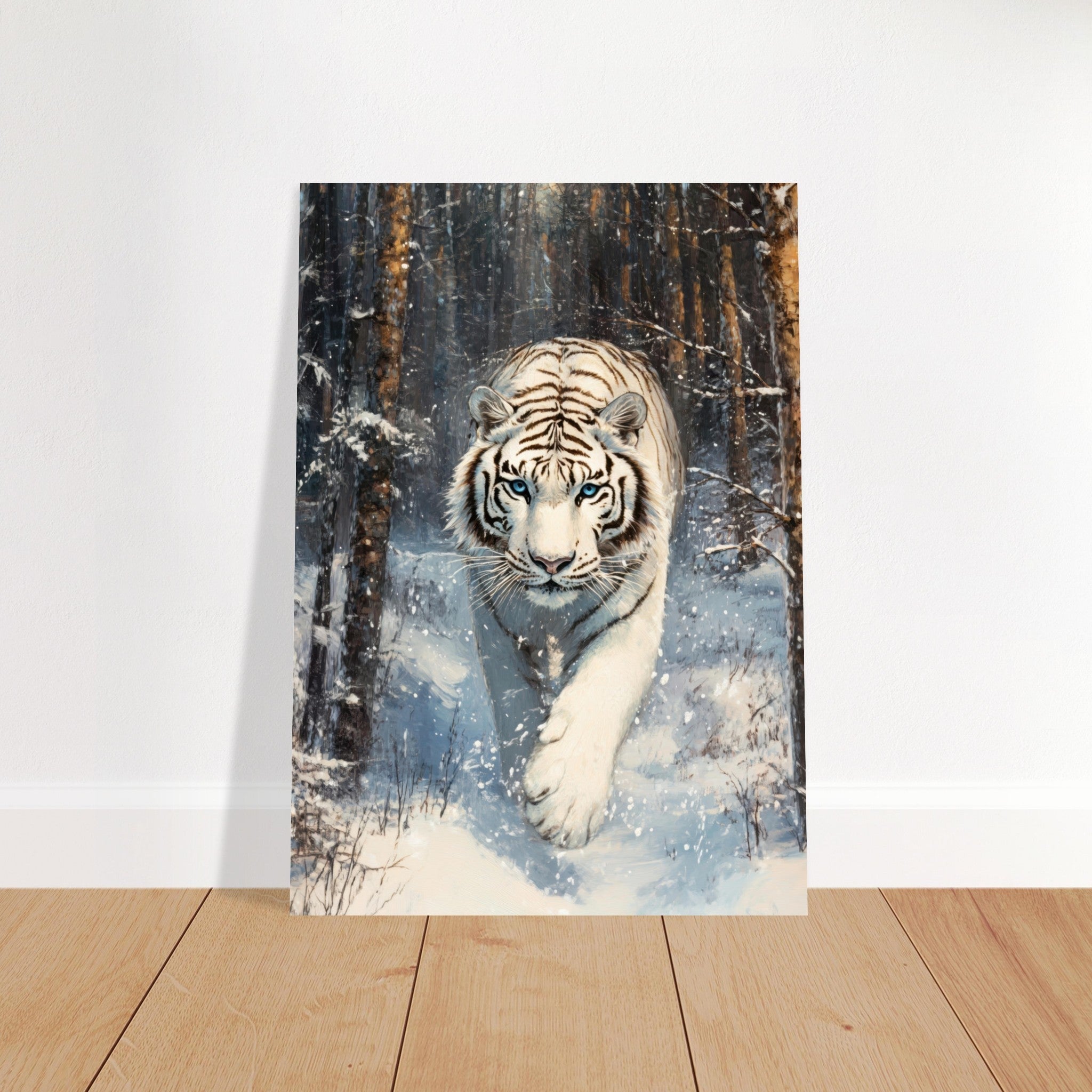 Fine Art Poster Portrait - Majestic White Tiger in a Snowy Forest A powerful 2 - Shop Ai Art WebShop - Digital Art online Store