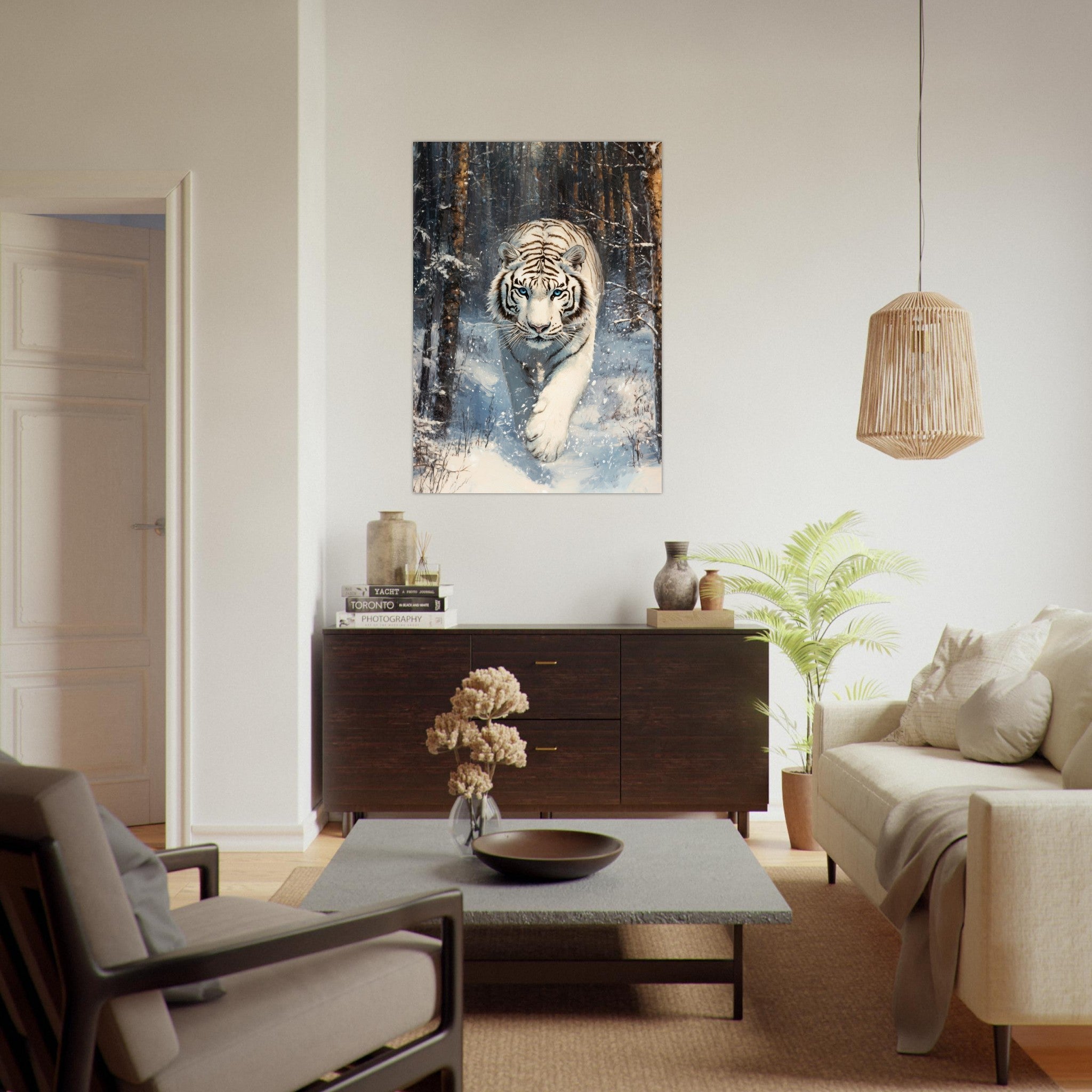Fine Art Poster Portrait - Majestic White Tiger in a Snowy Forest A powerful 2 - Shop Ai Art WebShop - Digital Art online Store