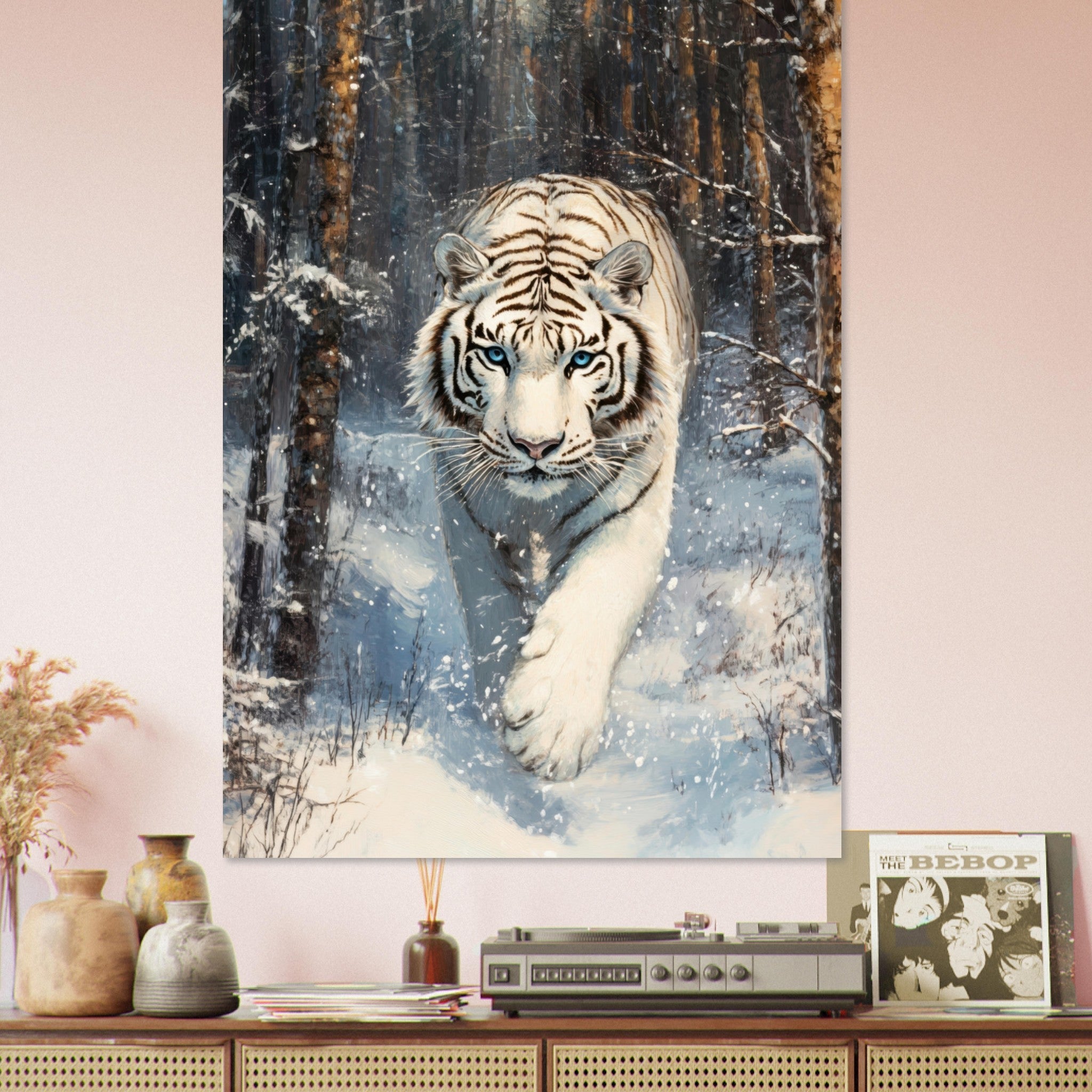 Fine Art Poster Portrait - Majestic White Tiger in a Snowy Forest A powerful 2 - Shop Ai Art WebShop - Digital Art online Store