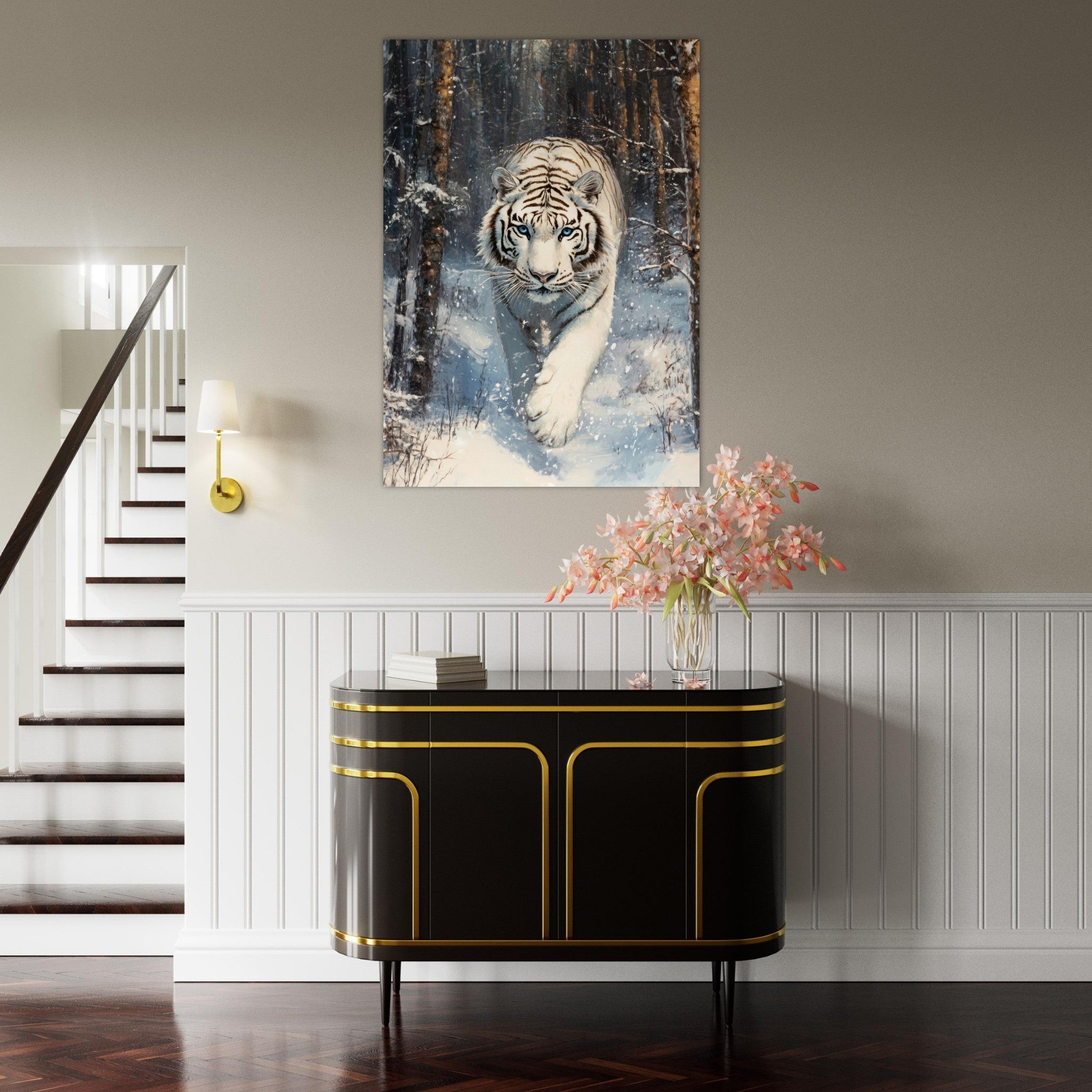 Fine Art Poster Portrait - Majestic White Tiger in a Snowy Forest A powerful 2 - Shop Ai Art WebShop - Digital Art online Store
