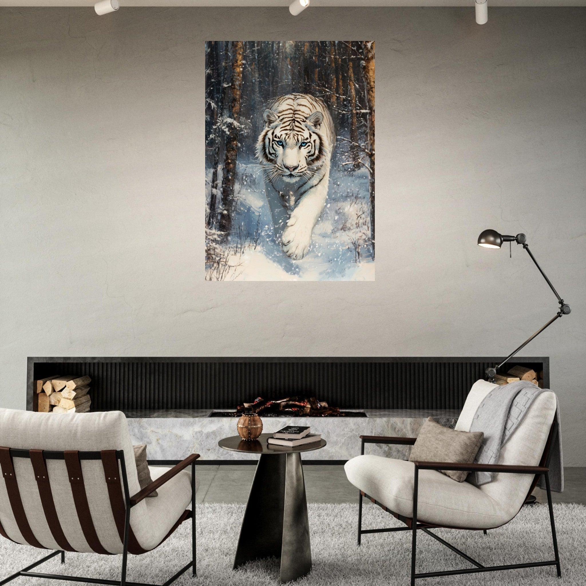 Fine Art Poster Portrait - Majestic White Tiger in a Snowy Forest A powerful 2 - Shop Ai Art WebShop - Digital Art online Store