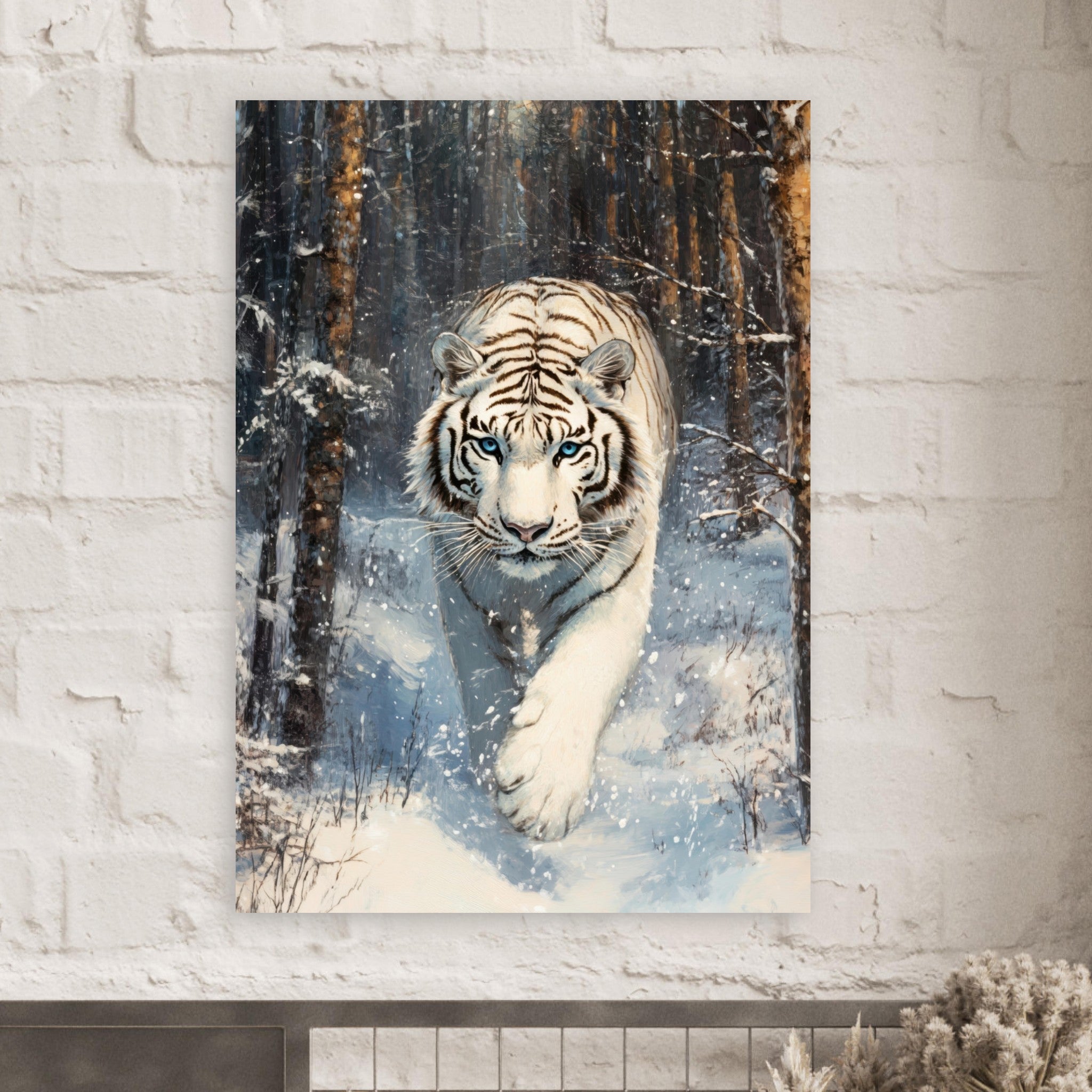 Fine Art Poster Portrait - Majestic White Tiger in a Snowy Forest A powerful 2 - Shop Ai Art WebShop - Digital Art online Store