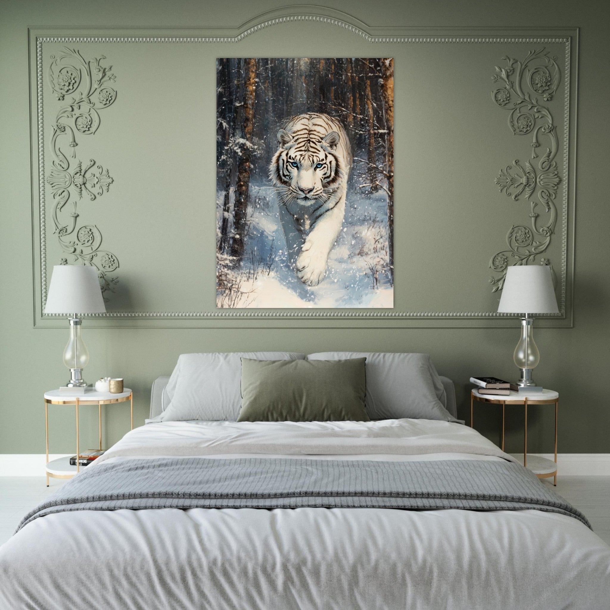 Fine Art Poster Portrait - Majestic White Tiger in a Snowy Forest A powerful 2 - Shop Ai Art WebShop - Digital Art online Store