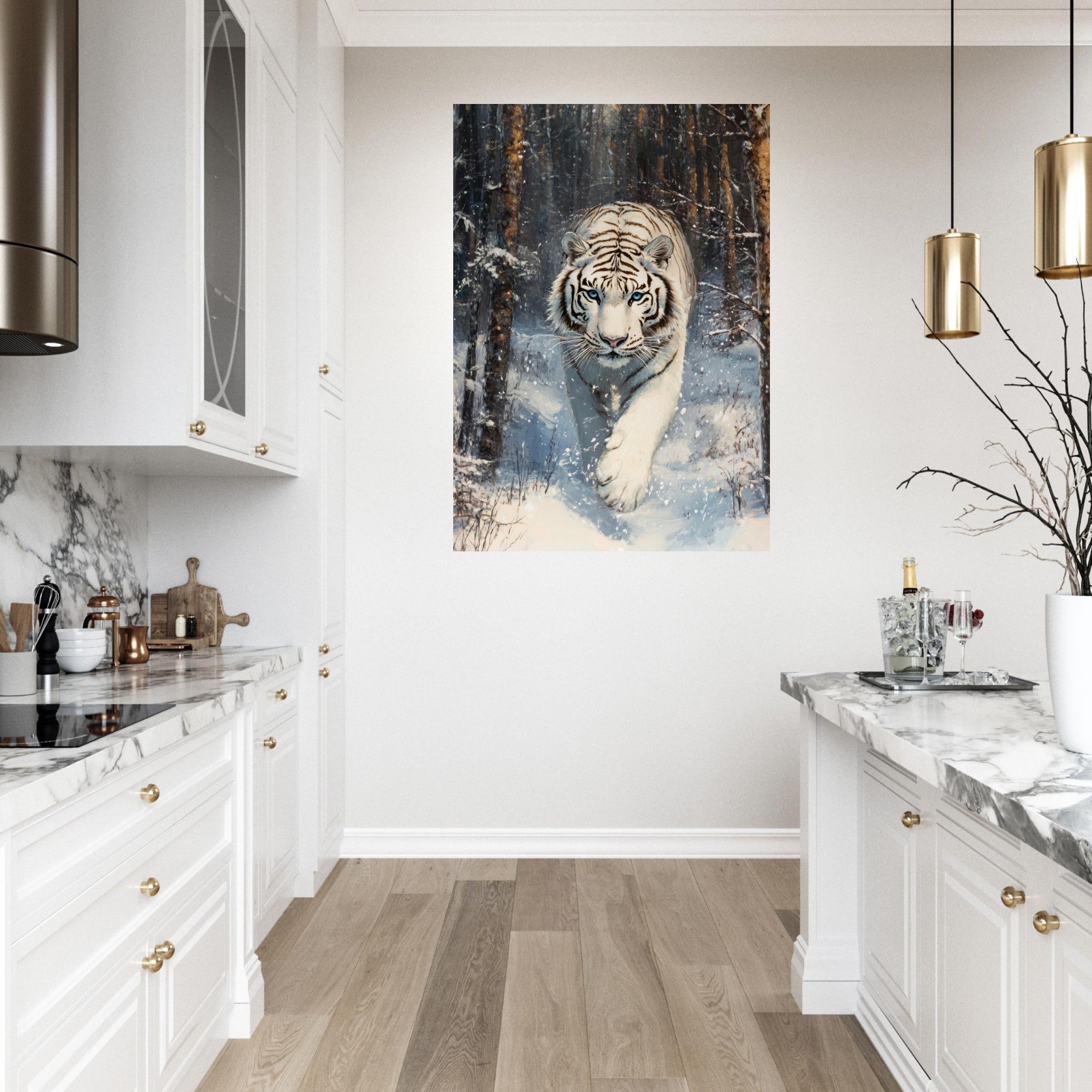 Fine Art Poster Portrait - Majestic White Tiger in a Snowy Forest A powerful 2 - Shop Ai Art WebShop - Digital Art online Store