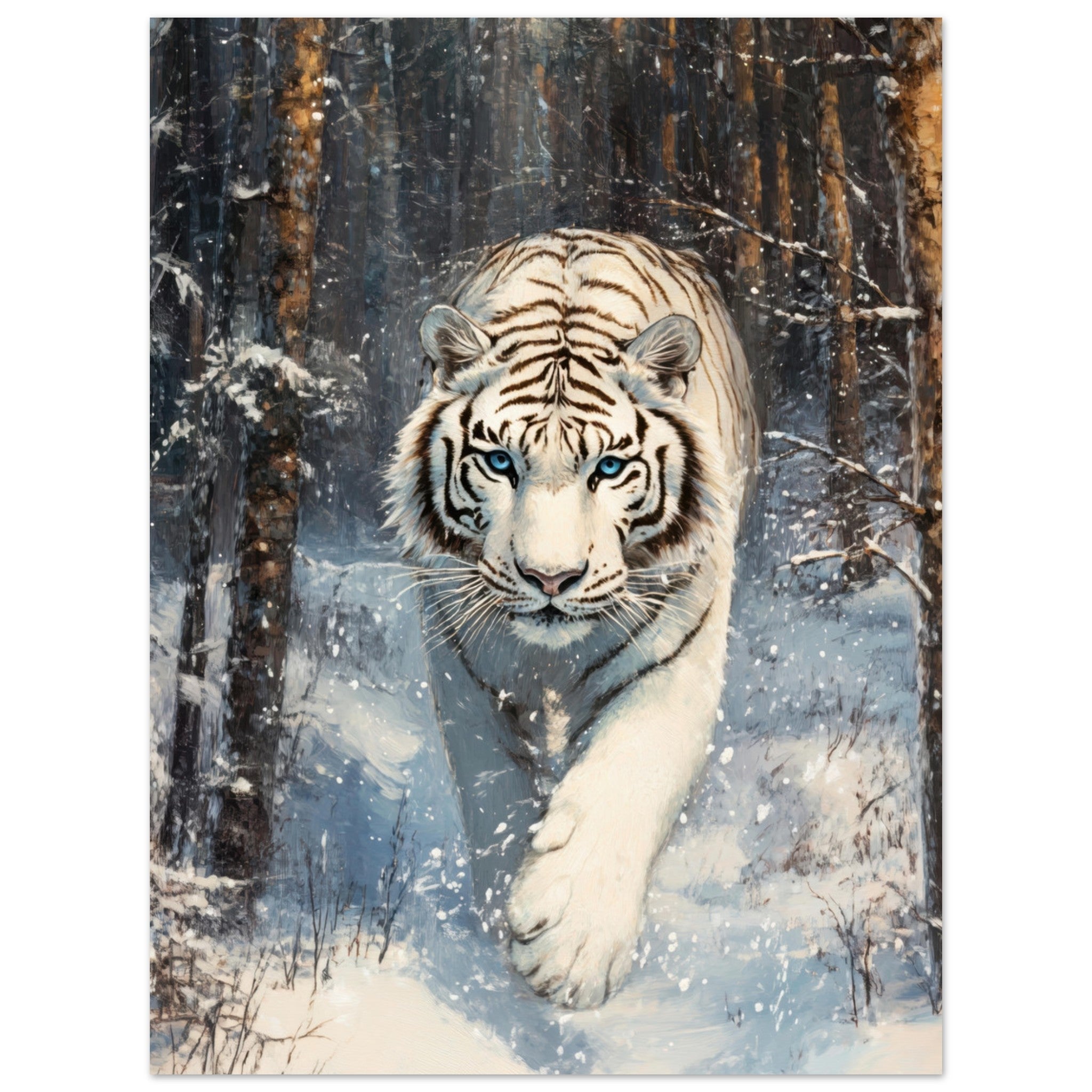 Fine Art Poster Portrait - Majestic White Tiger in a Snowy Forest A powerful 2 - Shop Ai Art WebShop - Digital Art online Store