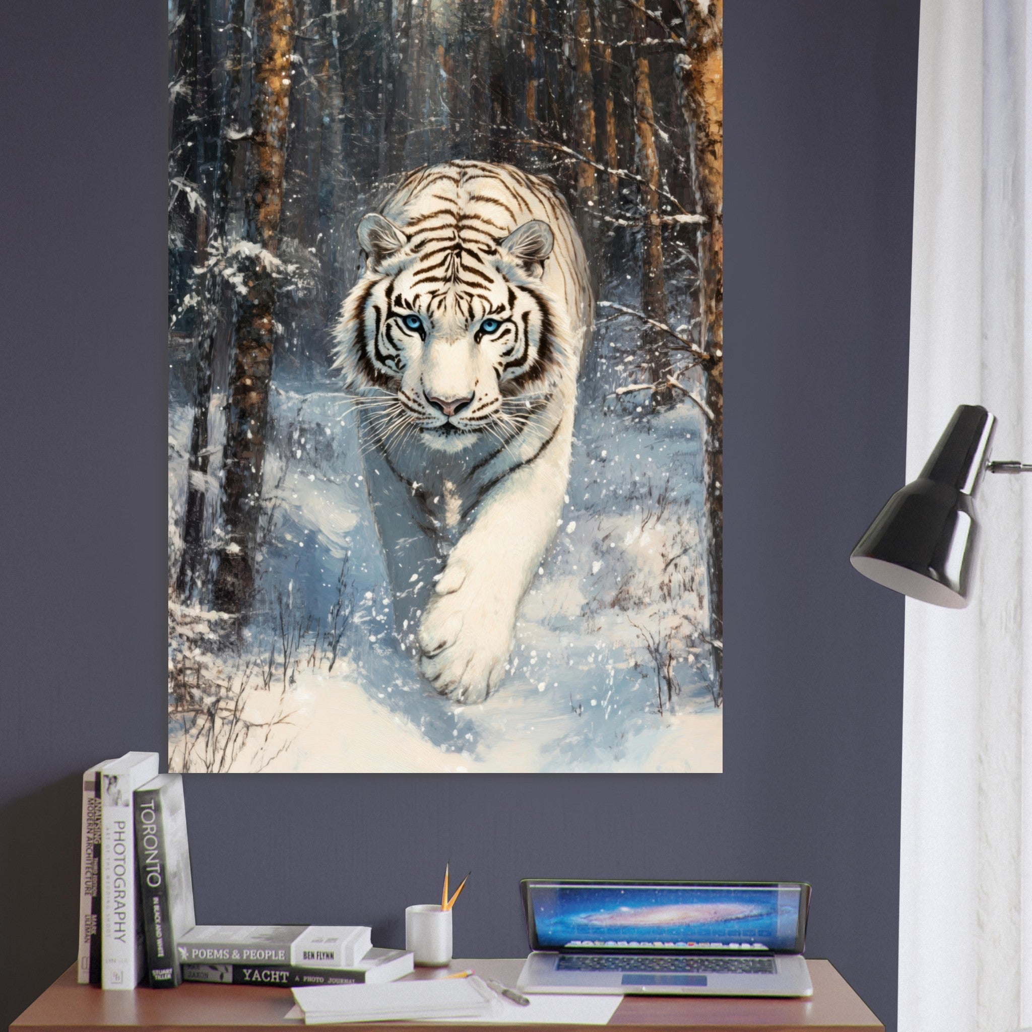 Fine Art Poster Portrait - Majestic White Tiger in a Snowy Forest A powerful 2 - Shop Ai Art WebShop - Digital Art online Store