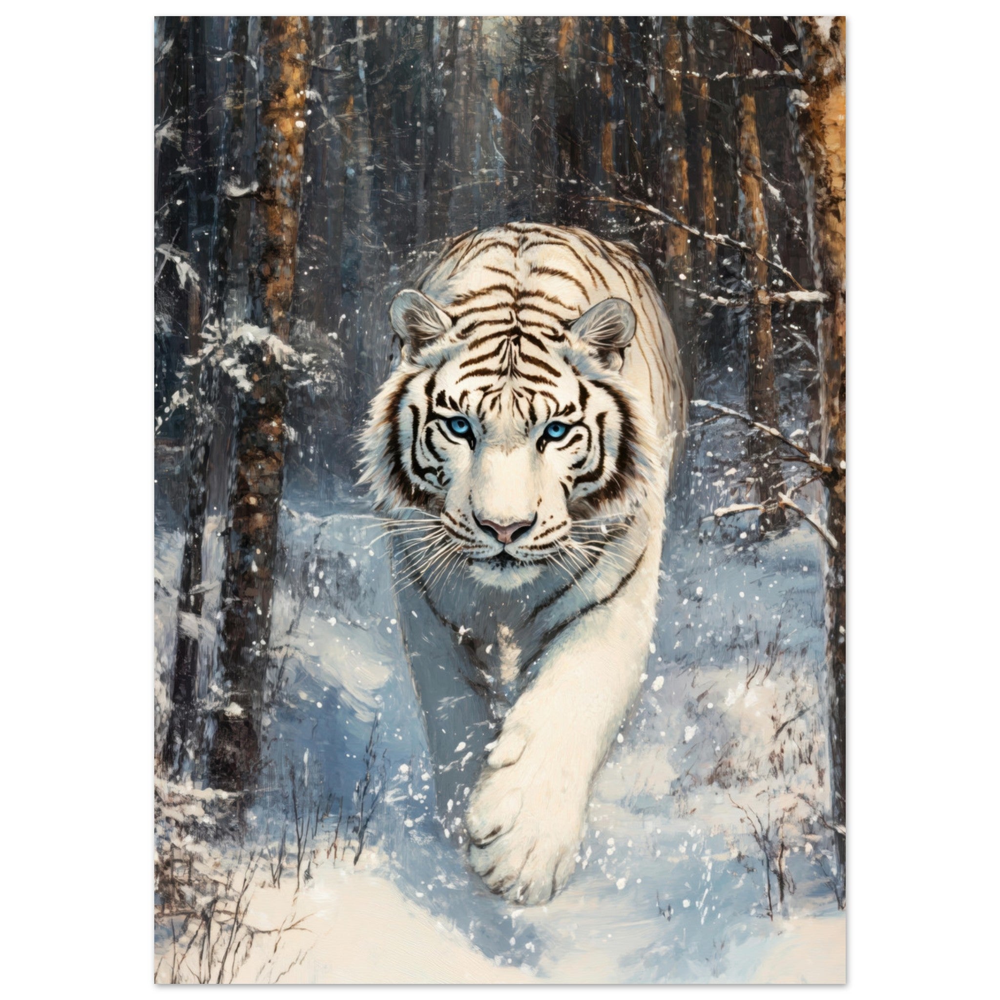 Fine Art Poster Portrait - Majestic White Tiger in a Snowy Forest A powerful 2 - Shop Ai Art WebShop - Digital Art online Store