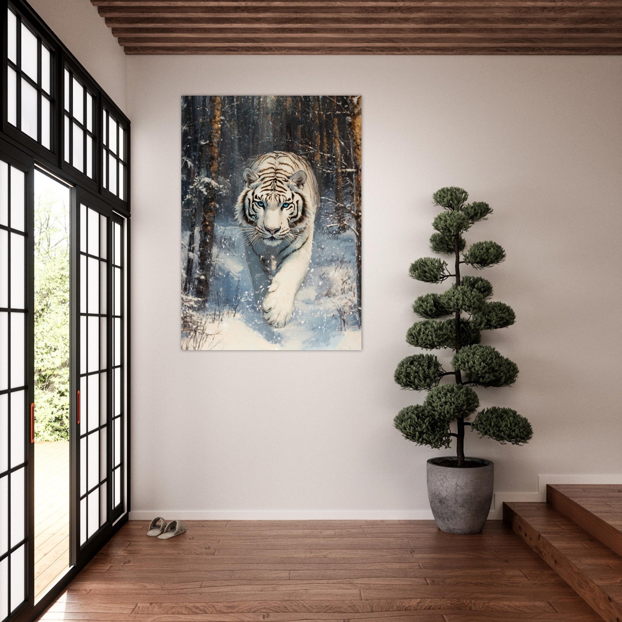 Fine Art Poster Portrait - Majestic White Tiger in a Snowy Forest A powerful 2 - Shop Ai Art WebShop - Digital Art online Store