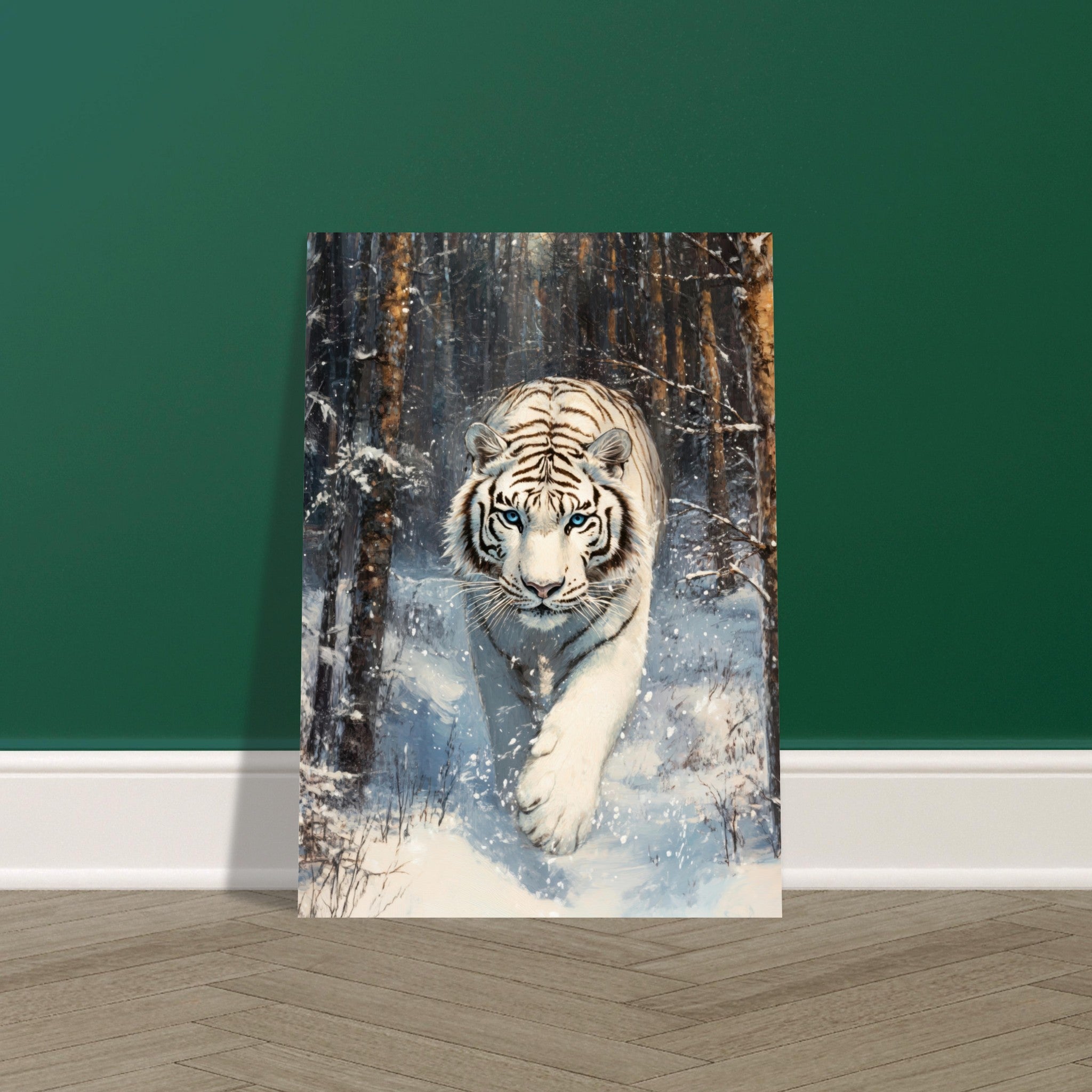 Fine Art Poster Portrait - Majestic White Tiger in a Snowy Forest A powerful 2 - Shop Ai Art WebShop - Digital Art online Store