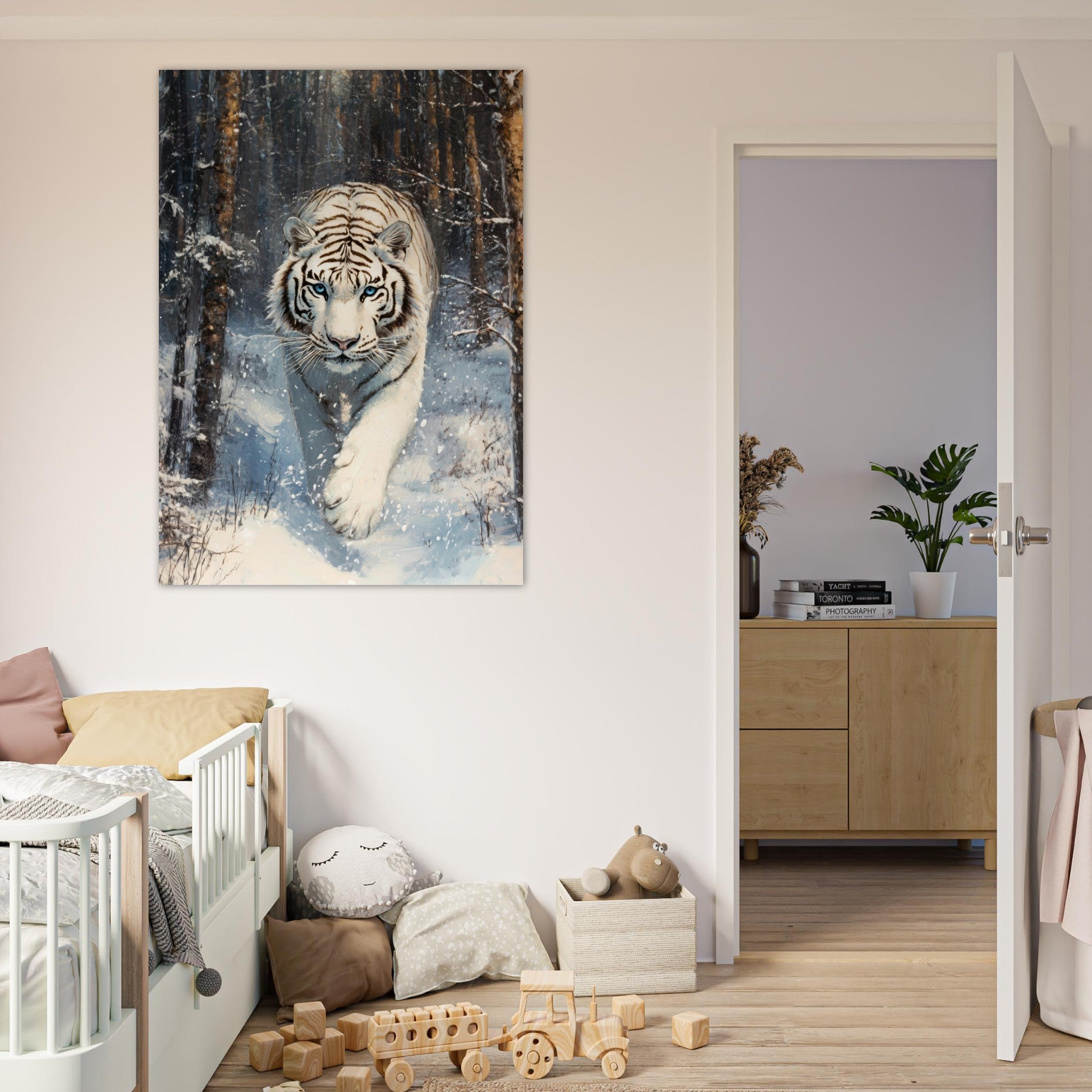 Fine Art Poster Portrait - Majestic White Tiger in a Snowy Forest A powerful 2 - Shop Ai Art WebShop - Digital Art online Store