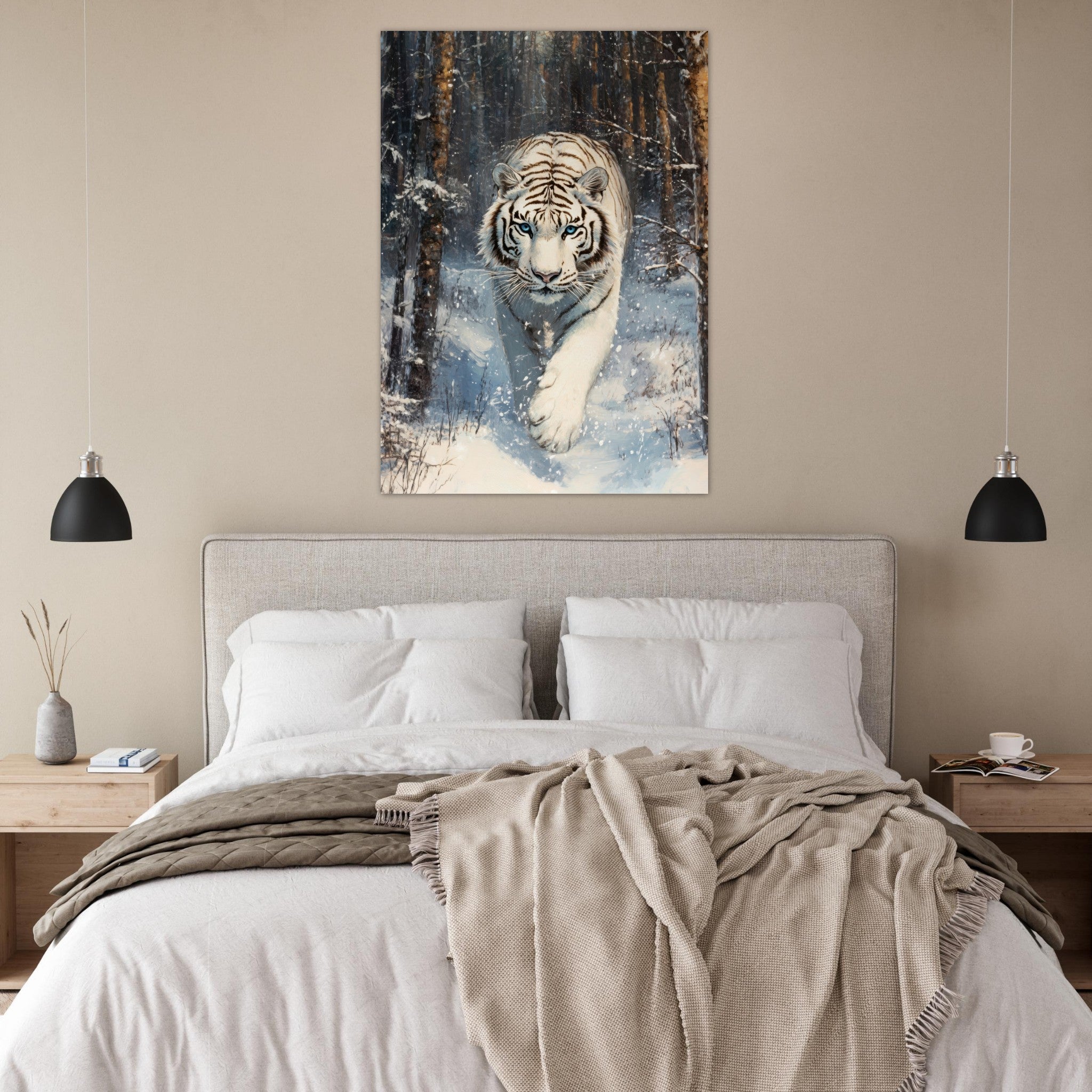 Fine Art Poster Portrait - Majestic White Tiger in a Snowy Forest A powerful 2 - Shop Ai Art WebShop - Digital Art online Store