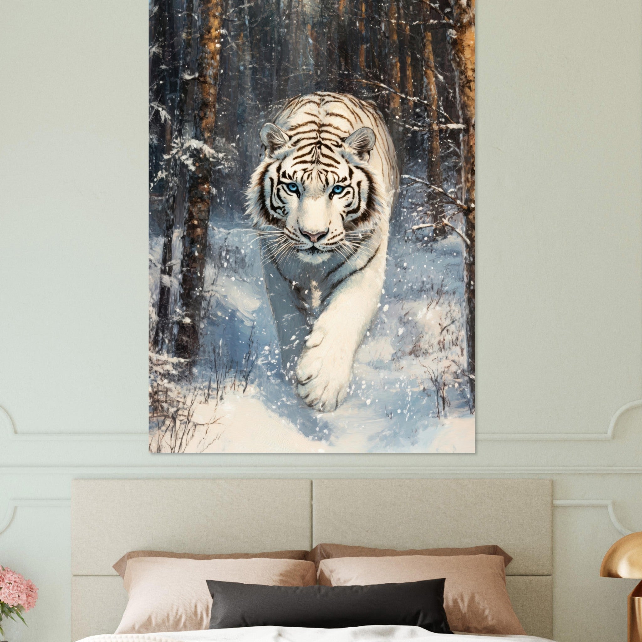 Fine Art Poster Portrait - Majestic White Tiger in a Snowy Forest A powerful 2 - Shop Ai Art WebShop - Digital Art online Store