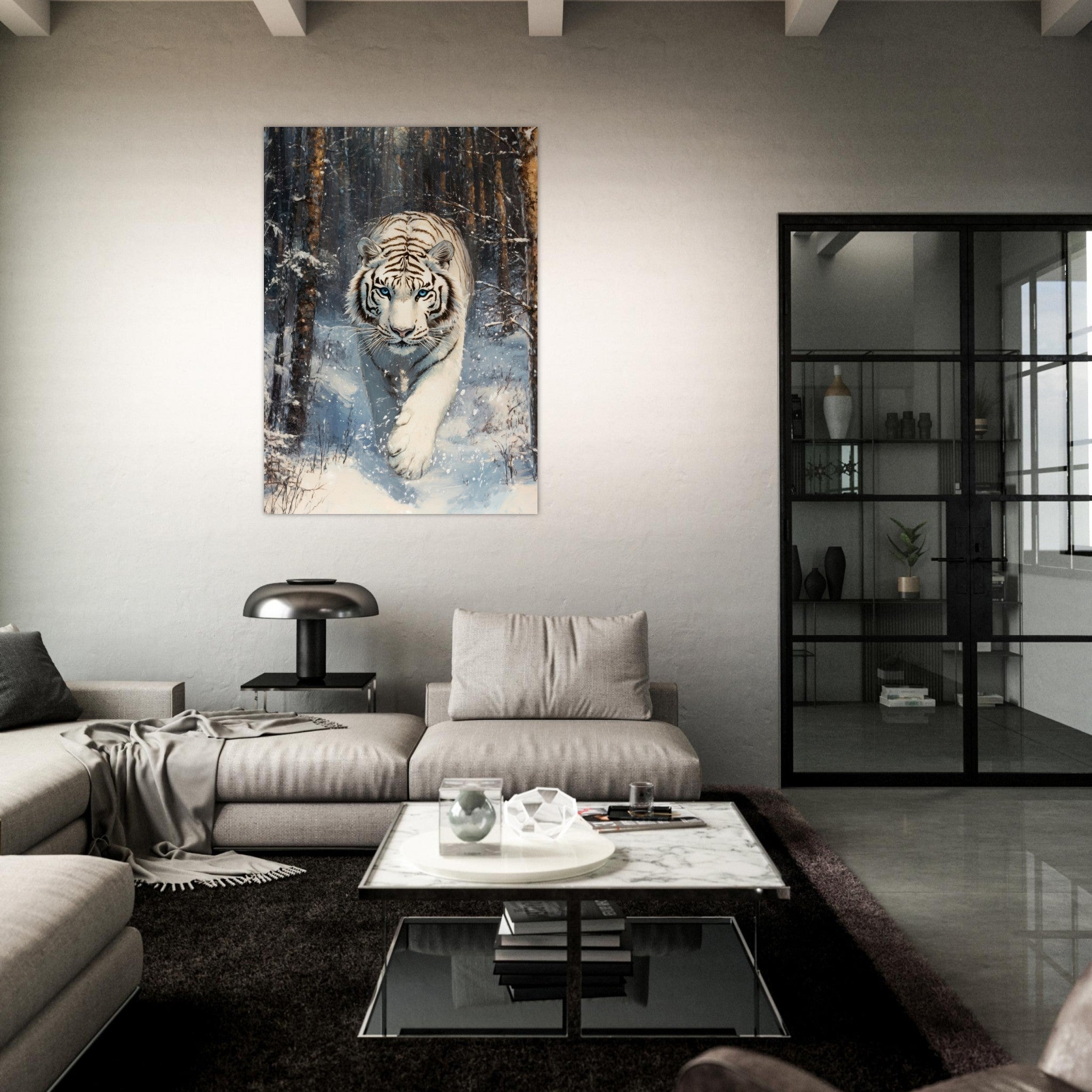 Fine Art Poster Portrait - Majestic White Tiger in a Snowy Forest A powerful 2 - Shop Ai Art WebShop - Digital Art online Store