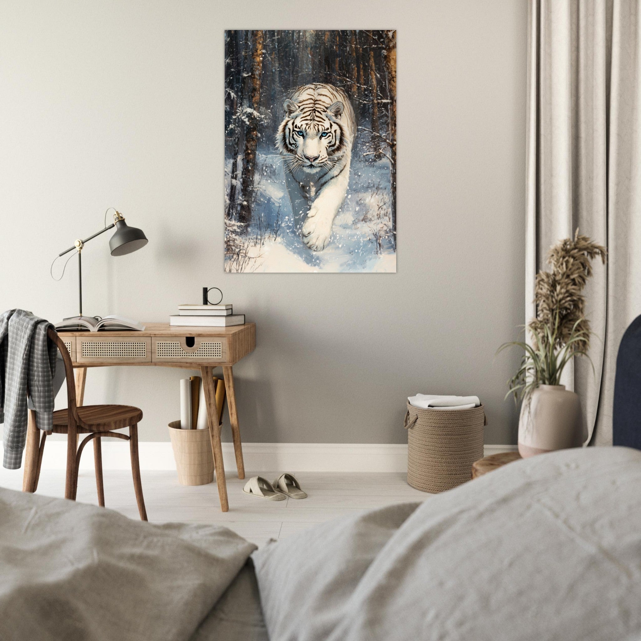 Fine Art Poster Portrait - Majestic White Tiger in a Snowy Forest A powerful 2 - Shop Ai Art WebShop - Digital Art online Store