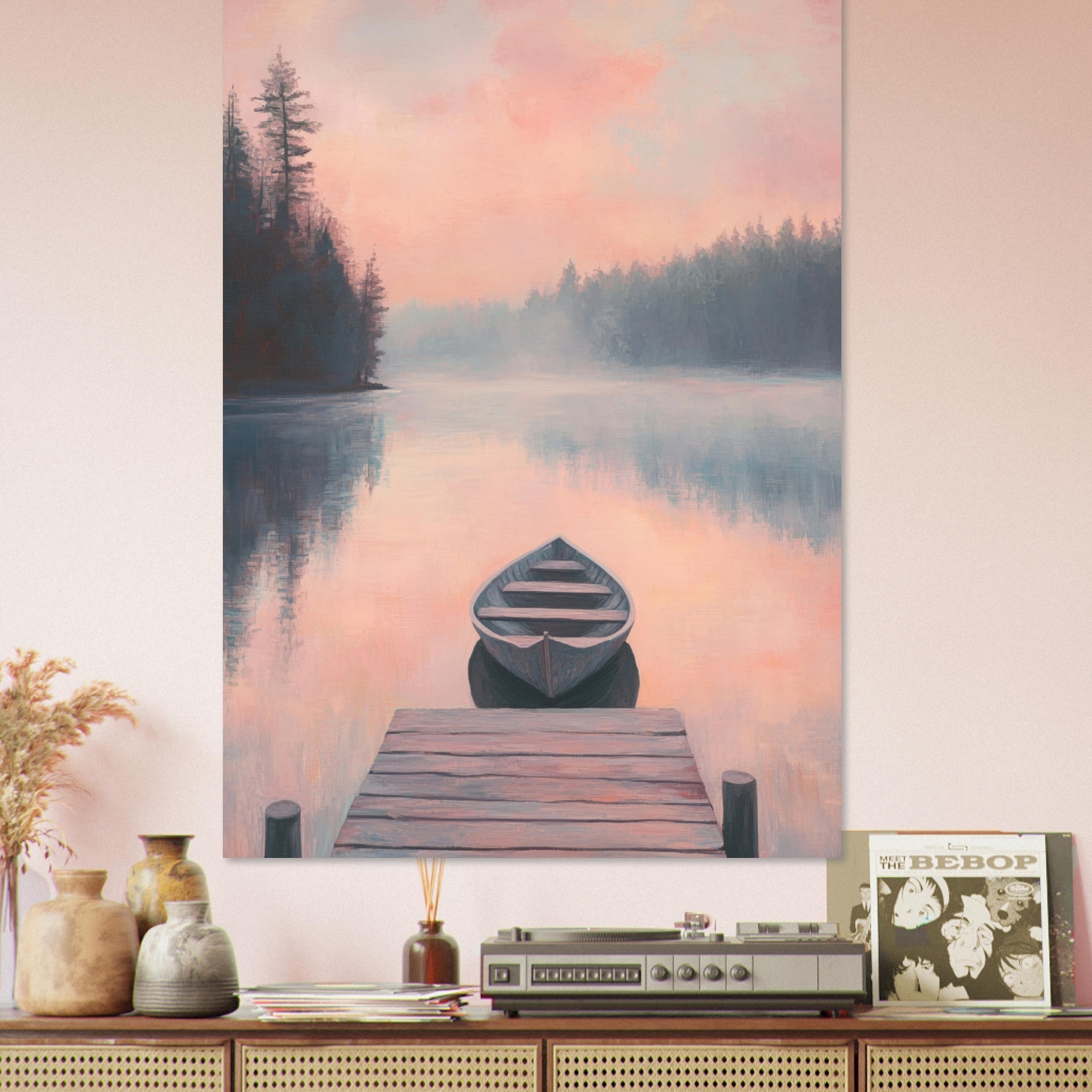 Fine Art Poster Portrait - Serene Lake with Rowboats A tranquil lake 3 - Shop Ai Art WebShop - Digital Art online Store