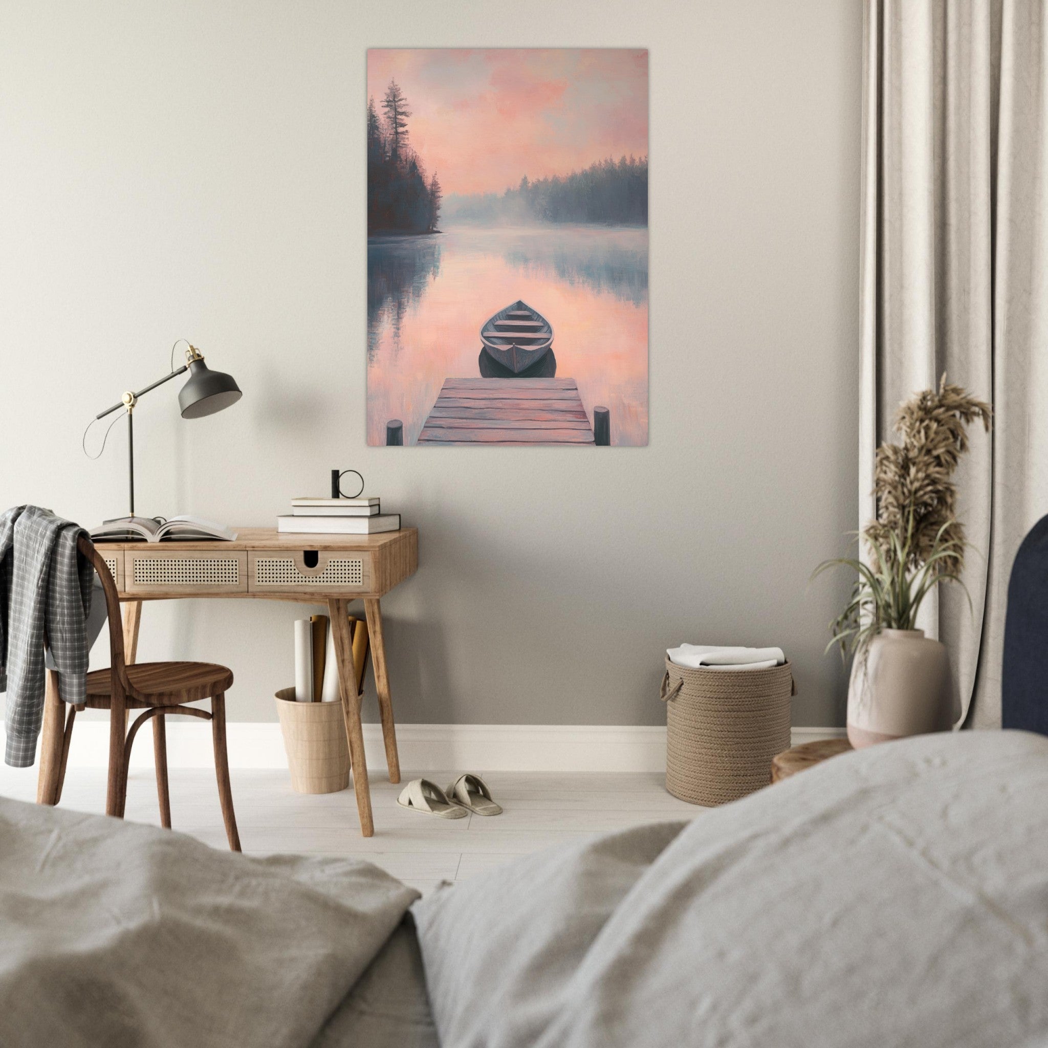 Fine Art Poster Portrait - Serene Lake with Rowboats A tranquil lake 3 - Shop Ai Art WebShop - Digital Art online Store