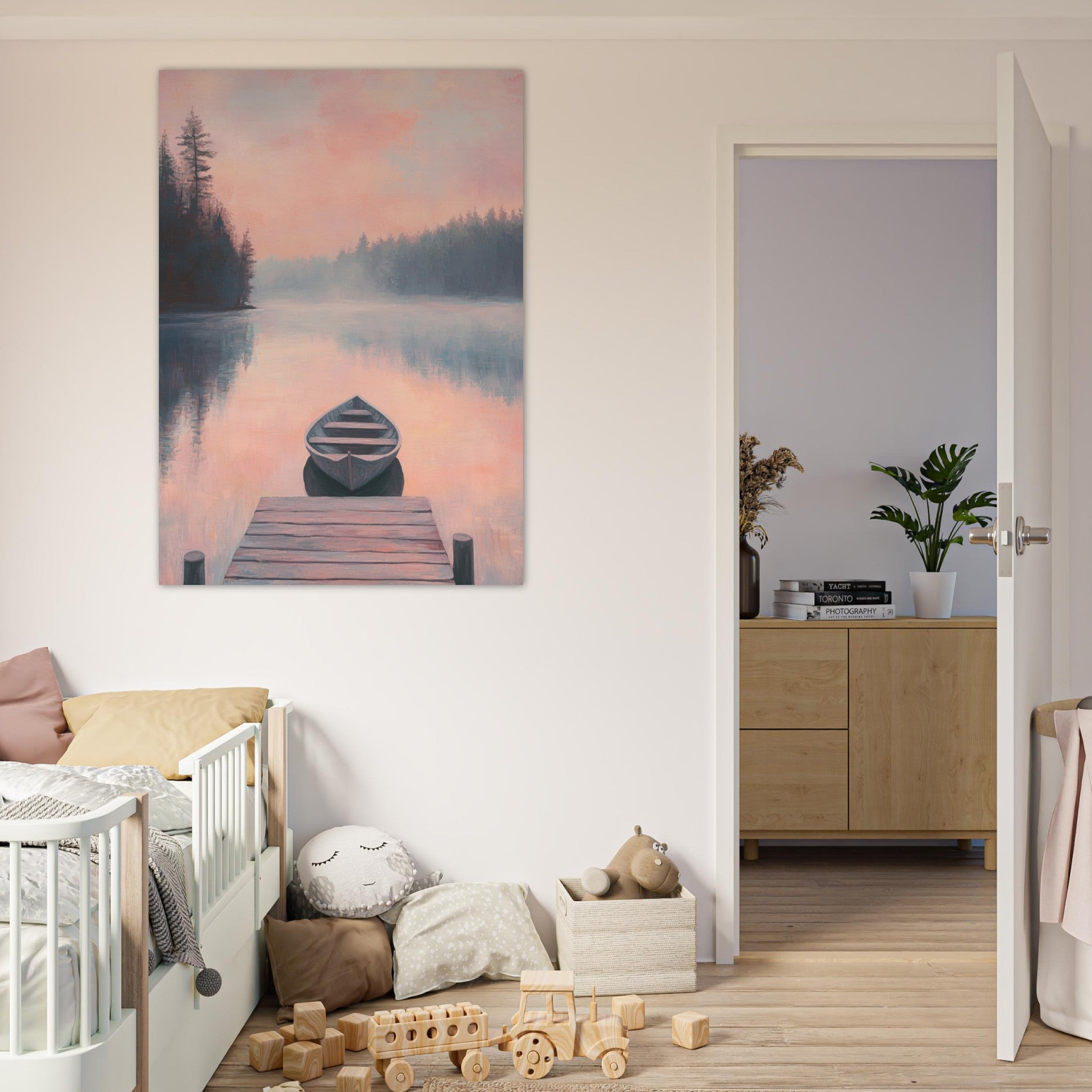 Fine Art Poster Portrait - Serene Lake with Rowboats A tranquil lake 3 - Shop Ai Art WebShop - Digital Art online Store