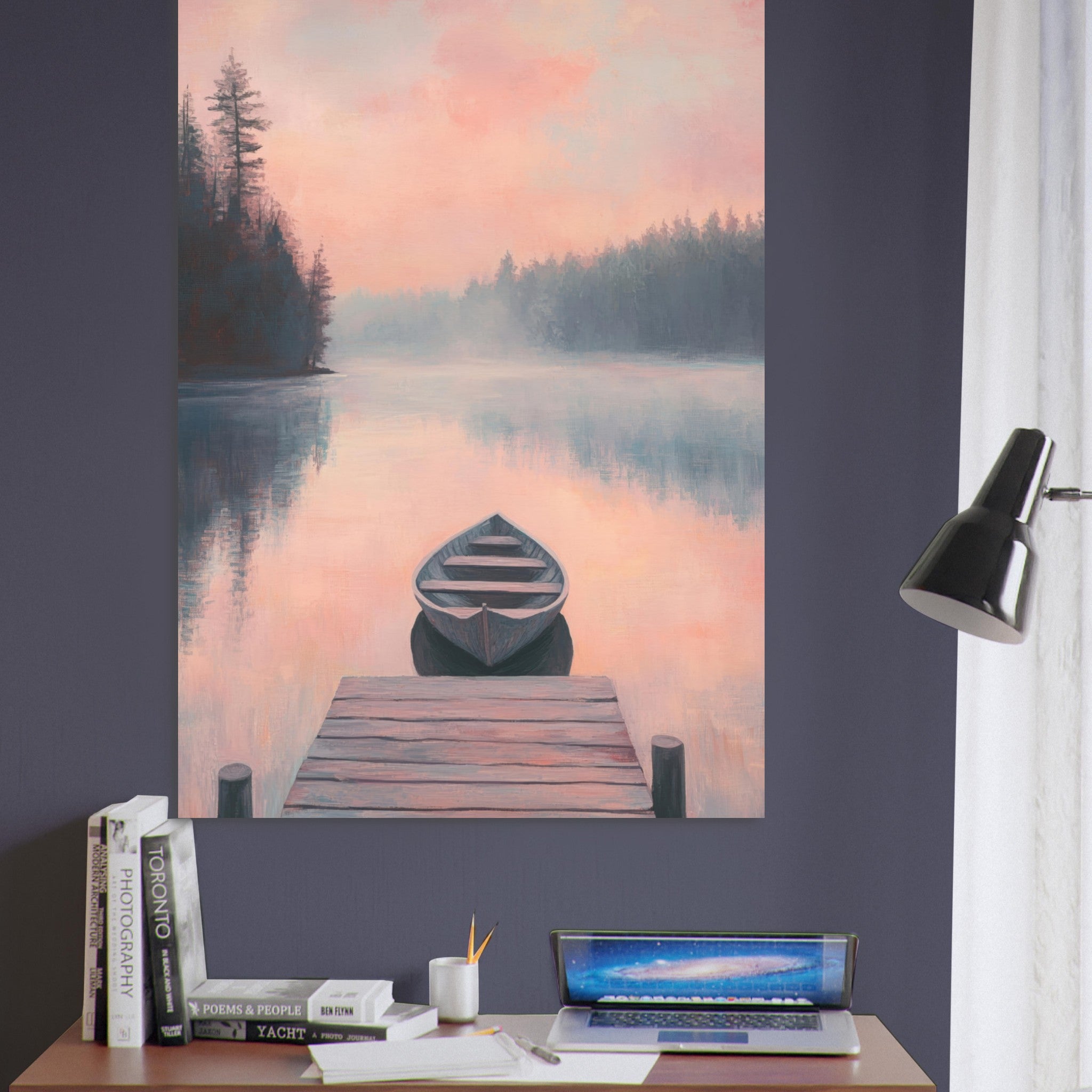 Fine Art Poster Portrait - Serene Lake with Rowboats A tranquil lake 3 - Shop Ai Art WebShop - Digital Art online Store