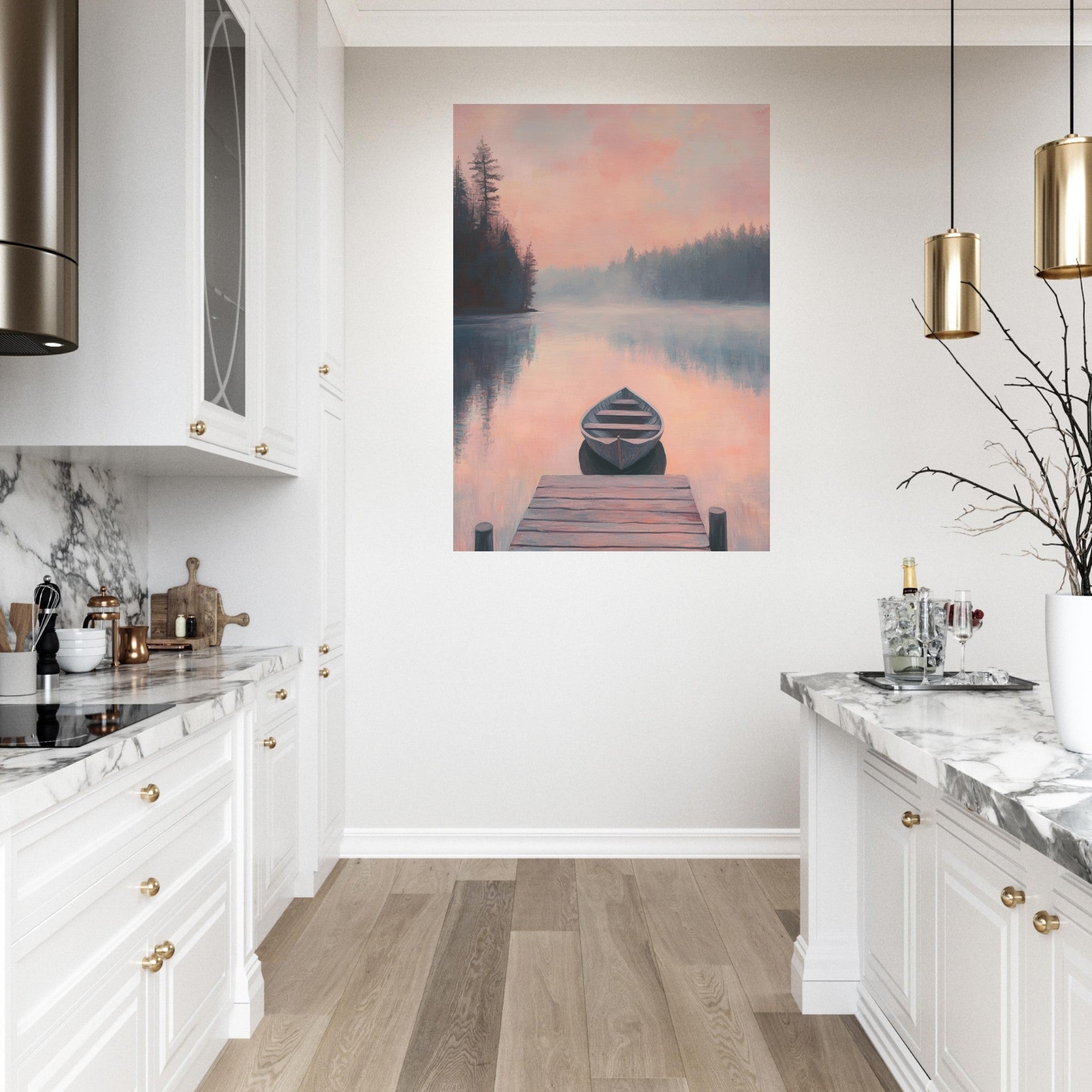 Fine Art Poster Portrait - Serene Lake with Rowboats A tranquil lake 3 - Shop Ai Art WebShop - Digital Art online Store