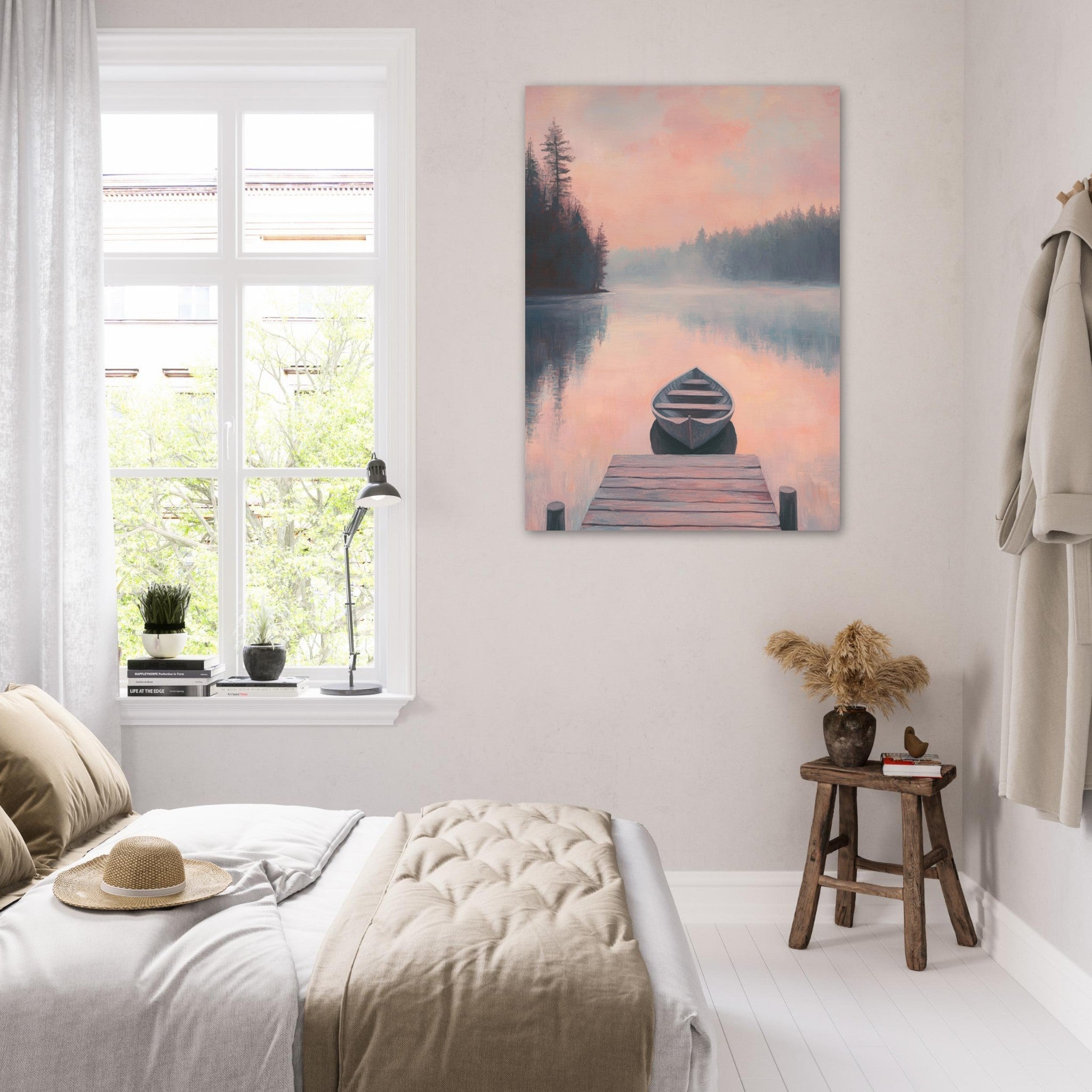Fine Art Poster Portrait - Serene Lake with Rowboats A tranquil lake 3 - Shop Ai Art WebShop - Digital Art online Store