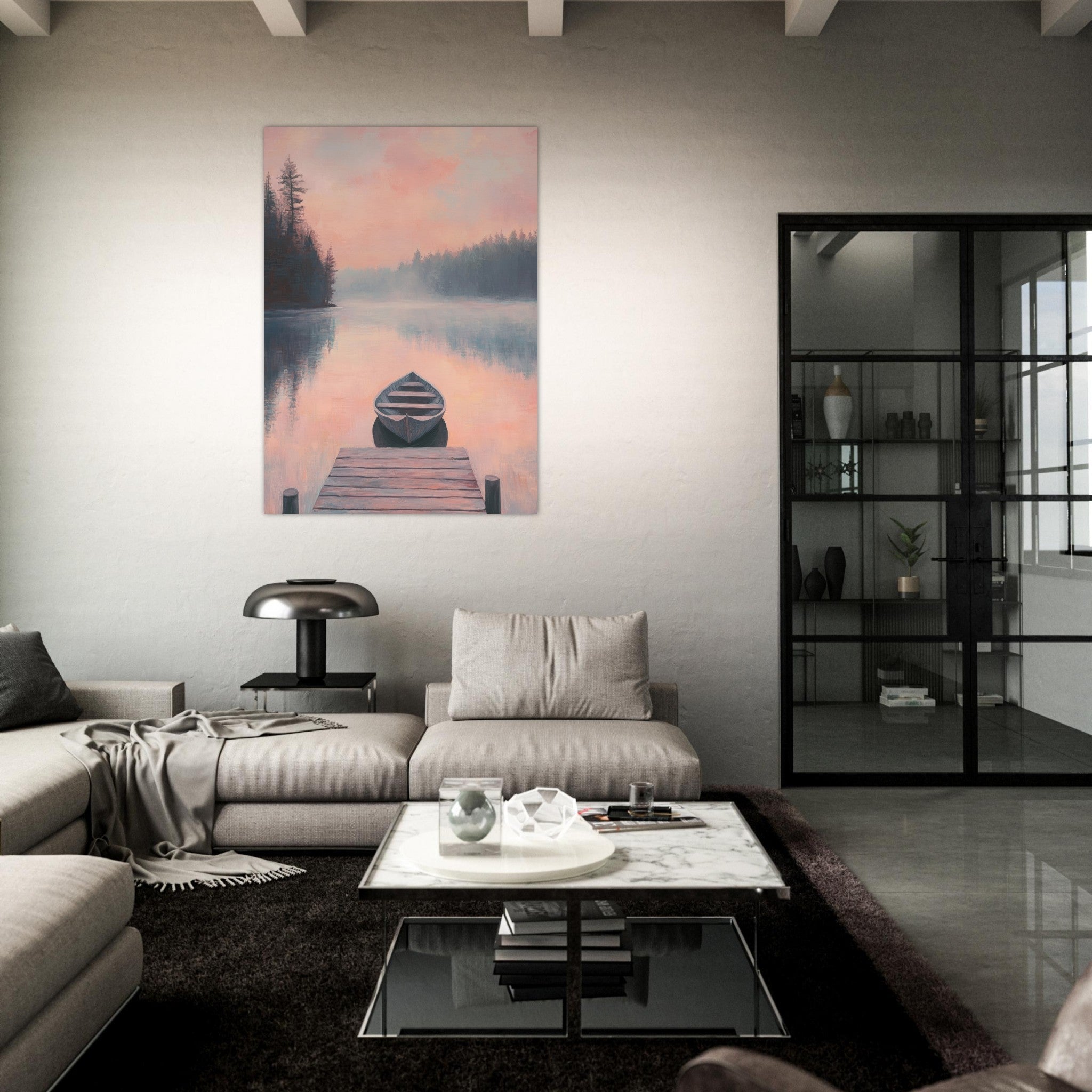 Fine Art Poster Portrait - Serene Lake with Rowboats A tranquil lake 3 - Shop Ai Art WebShop - Digital Art online Store